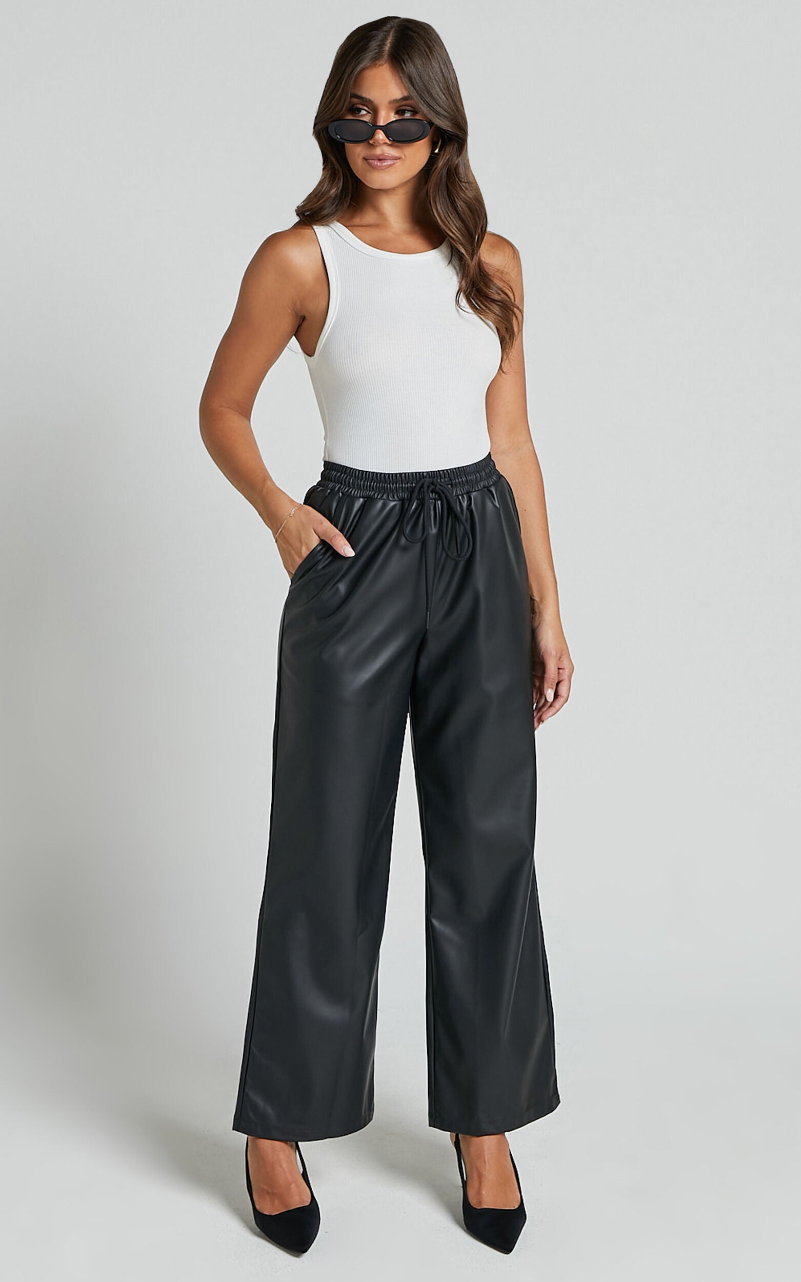 Leah Pants - High Waist Drawstring Faux Leather Pants in Black
