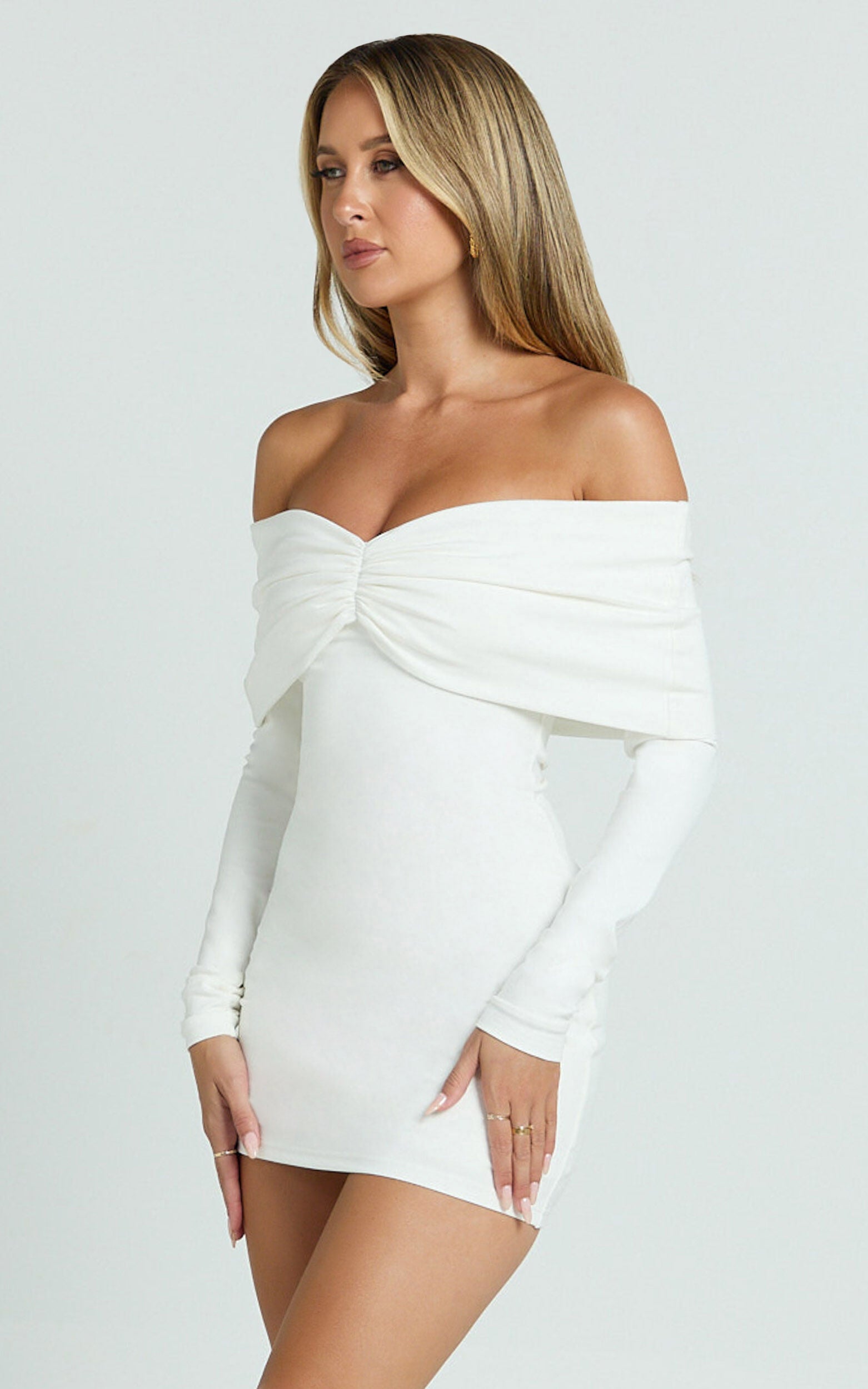 Rani Mini Dress - Off Shoulder Long Sleeve Bodycon Dress in Off White