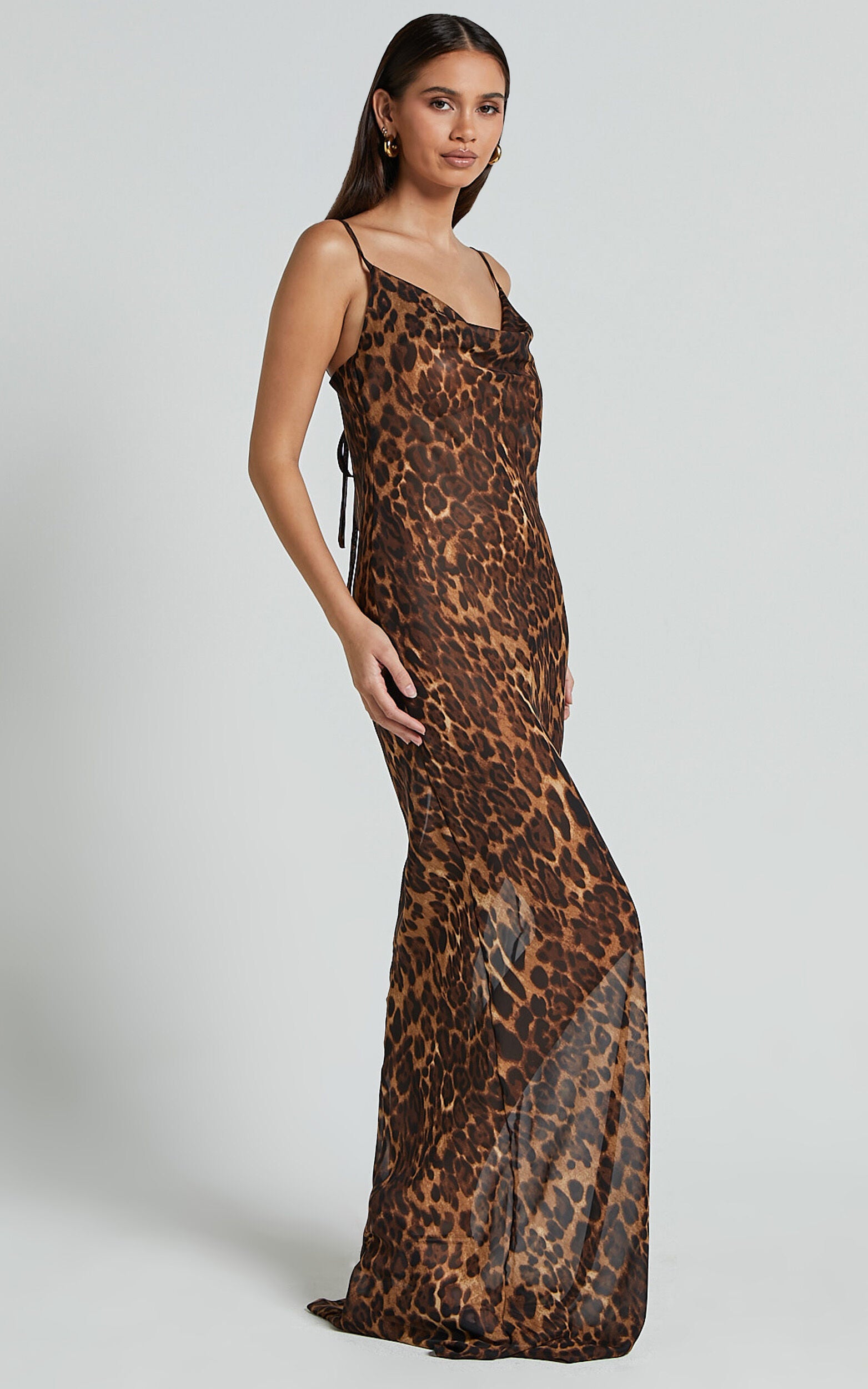 Hilary Maxi Dress - Sheer Cowl Neck Slip Dress in Leopard