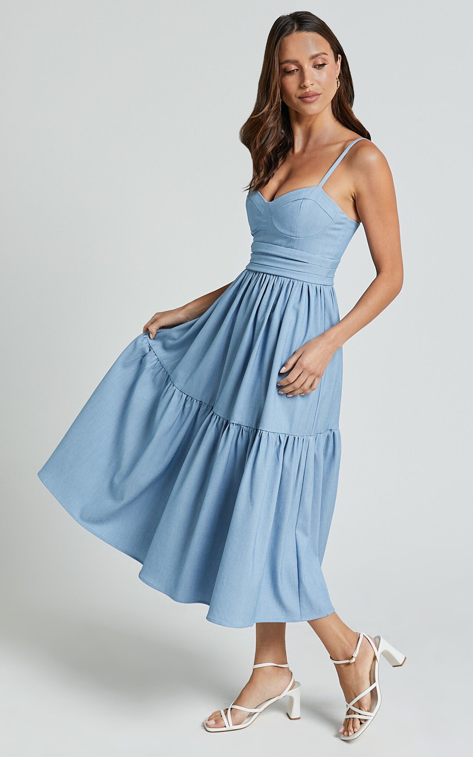 Gem Midi Dress - Strappy Sweetheart Tier Dress in Light Blue