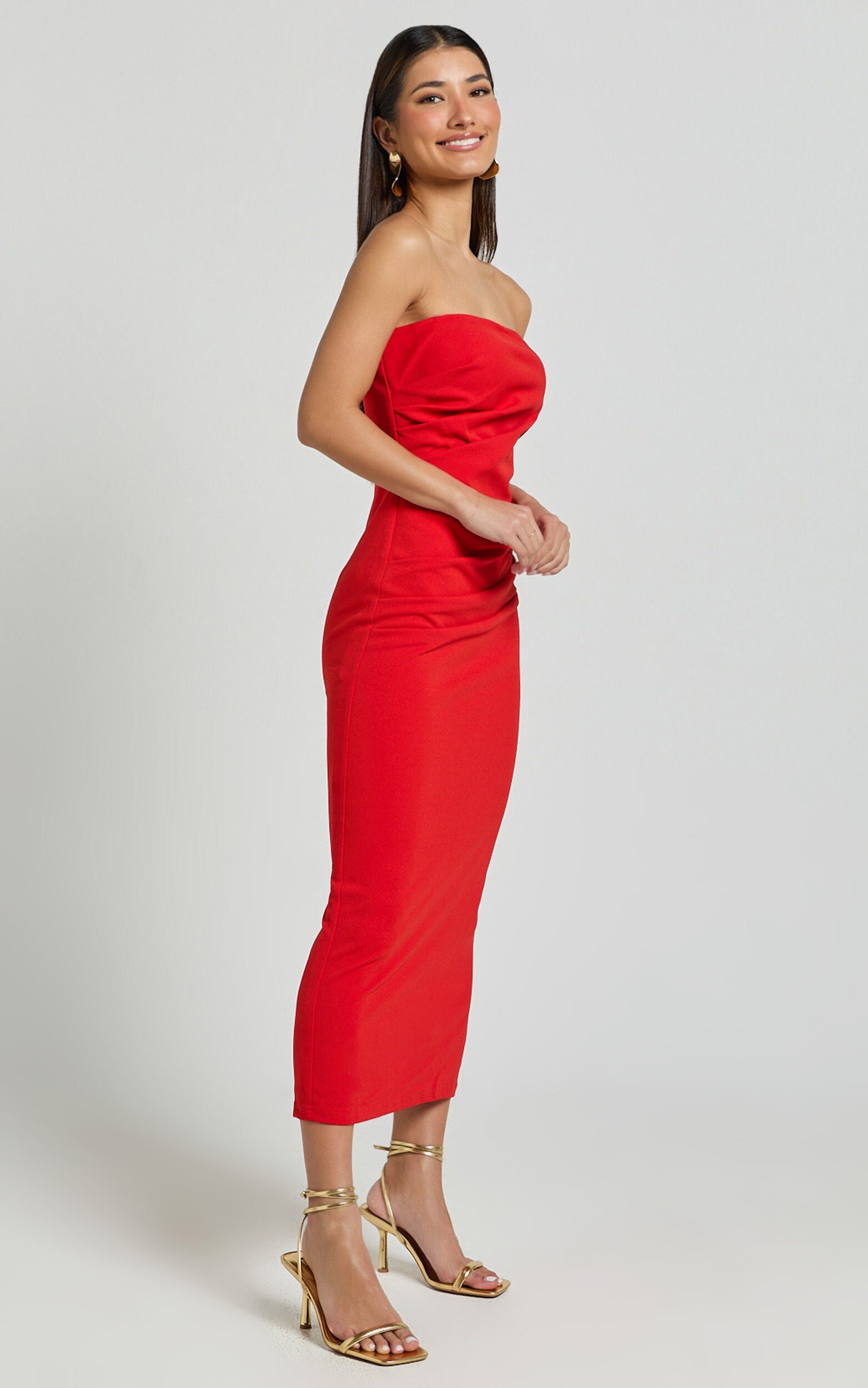 Calanthe Midi Dress - Strapless Tuck Detail Dress in Red