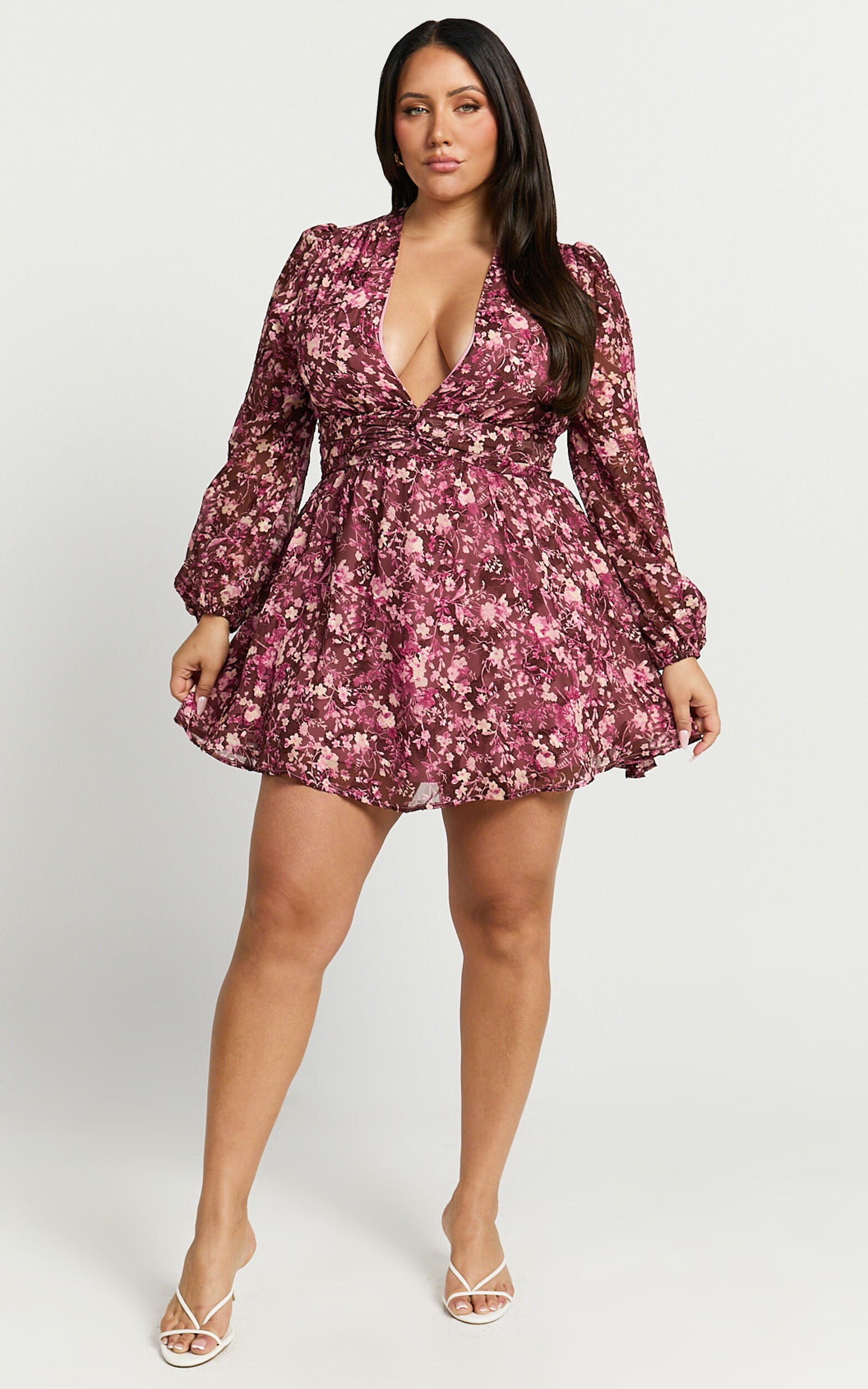 Eleanor Mini Dress - Plunge Twist Front Jacquard Dress in Wine Floral