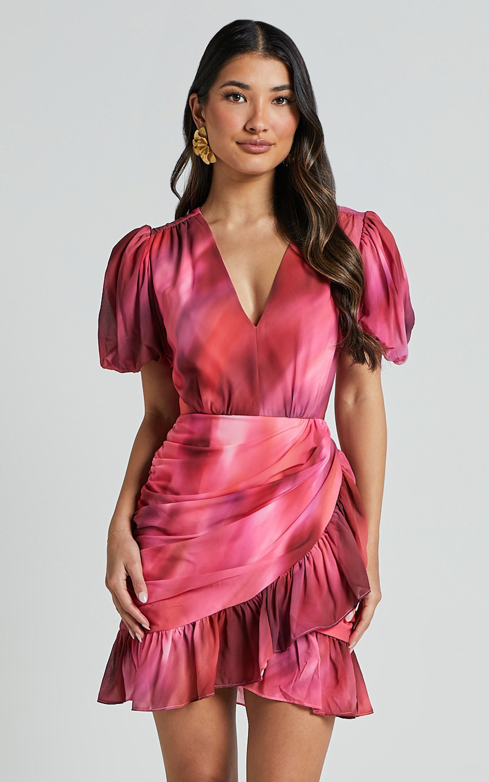 Eliza Mini Dress - Bishop Sleeve Button Front Dress in Blushing Haze