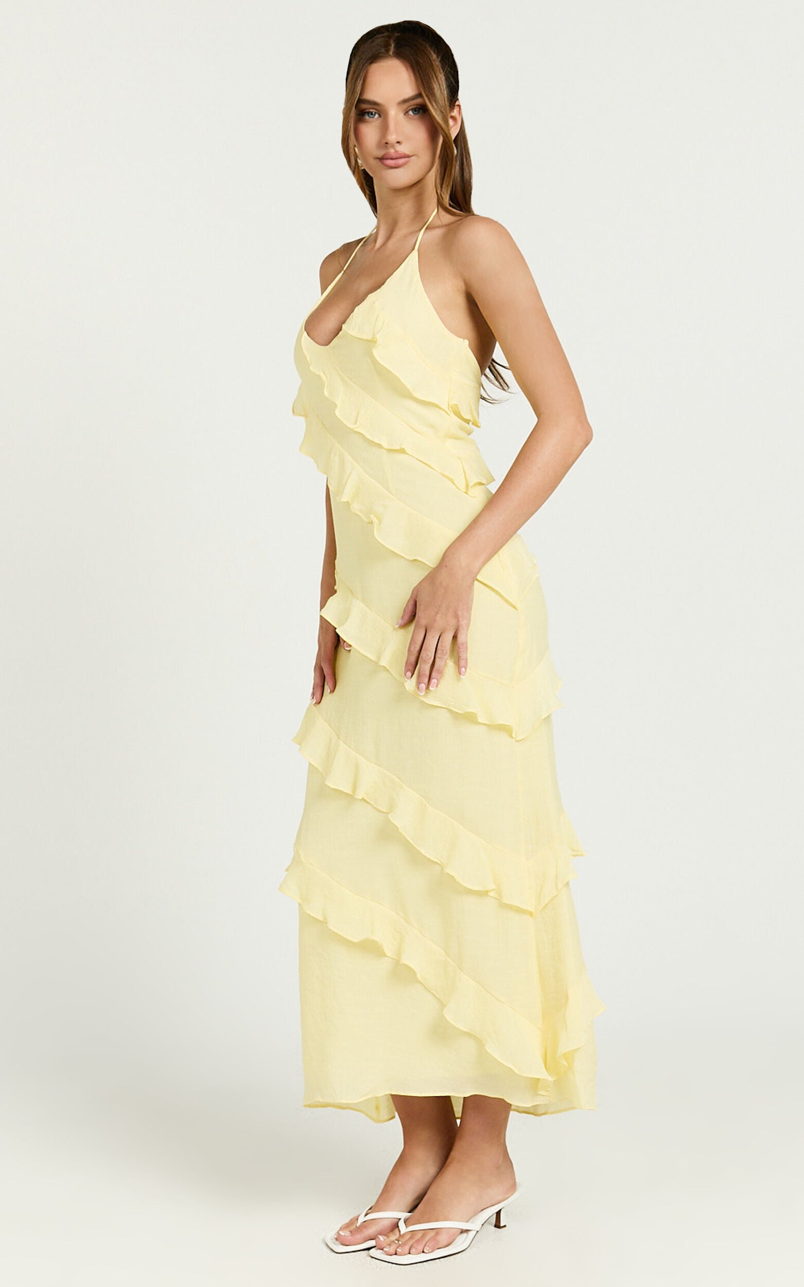 Brayden Midi Dress - V Neck Ruffle Dress in Lemon