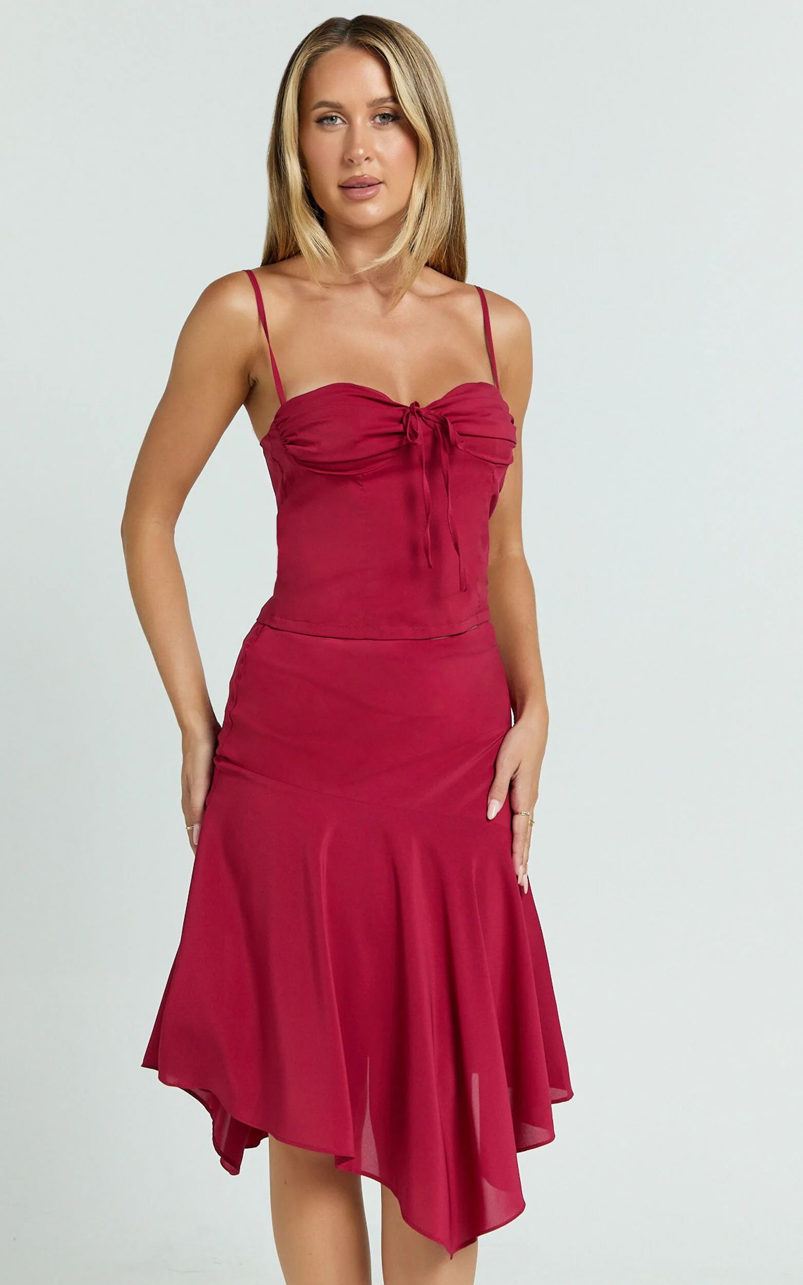 Clare Top - Gathered Front Bow Strappy Crop Top in Cherry Red