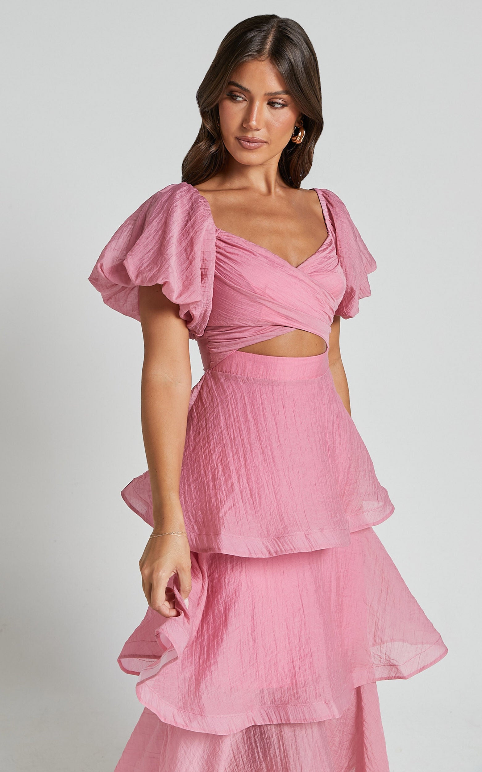 Giselle Midi Dress - Short Puff Sleeve Front Cut Out Layered Dress in Pink