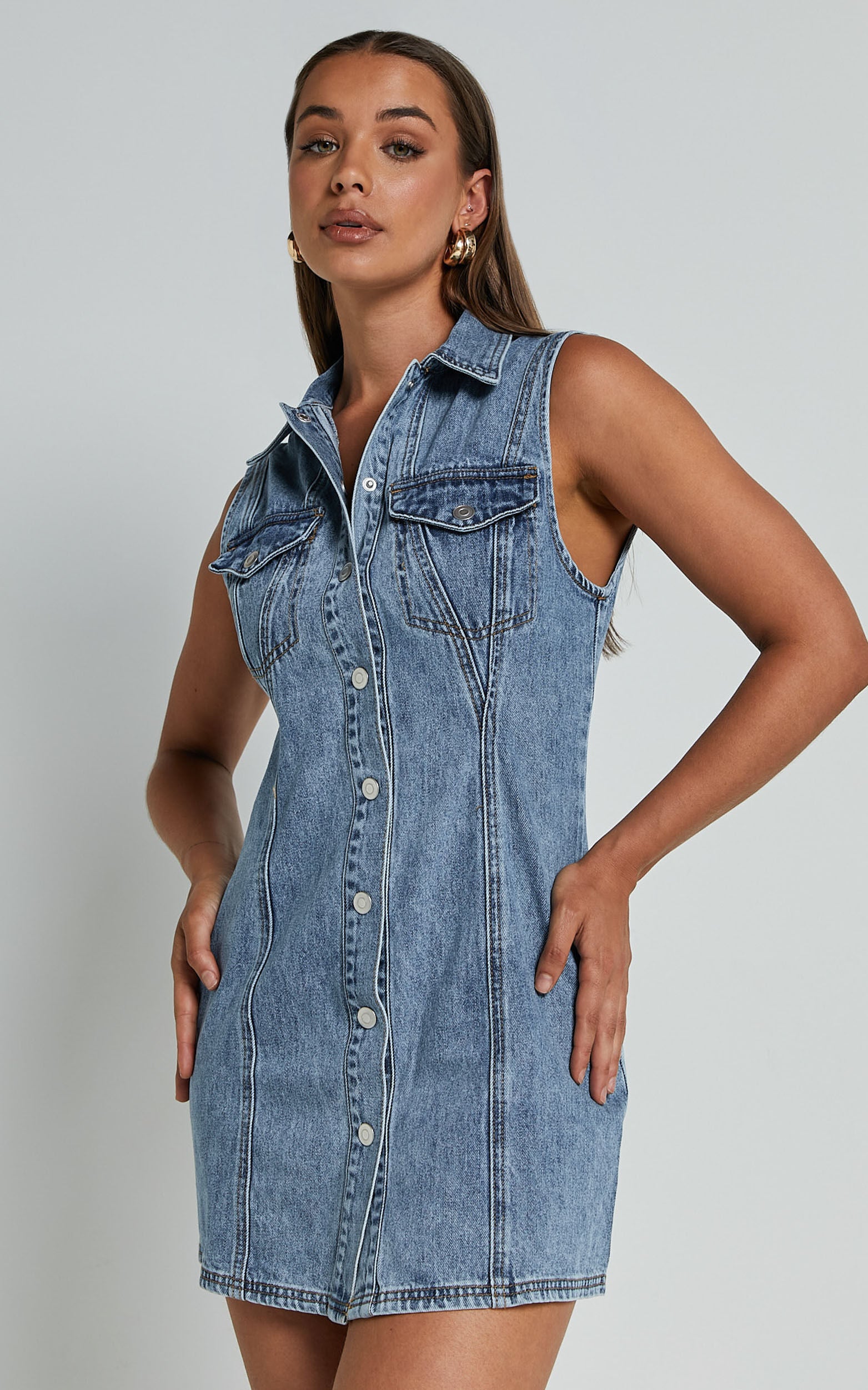 Gigie Mini Dress - Button Front Collared Denim in Mid Blue Wash