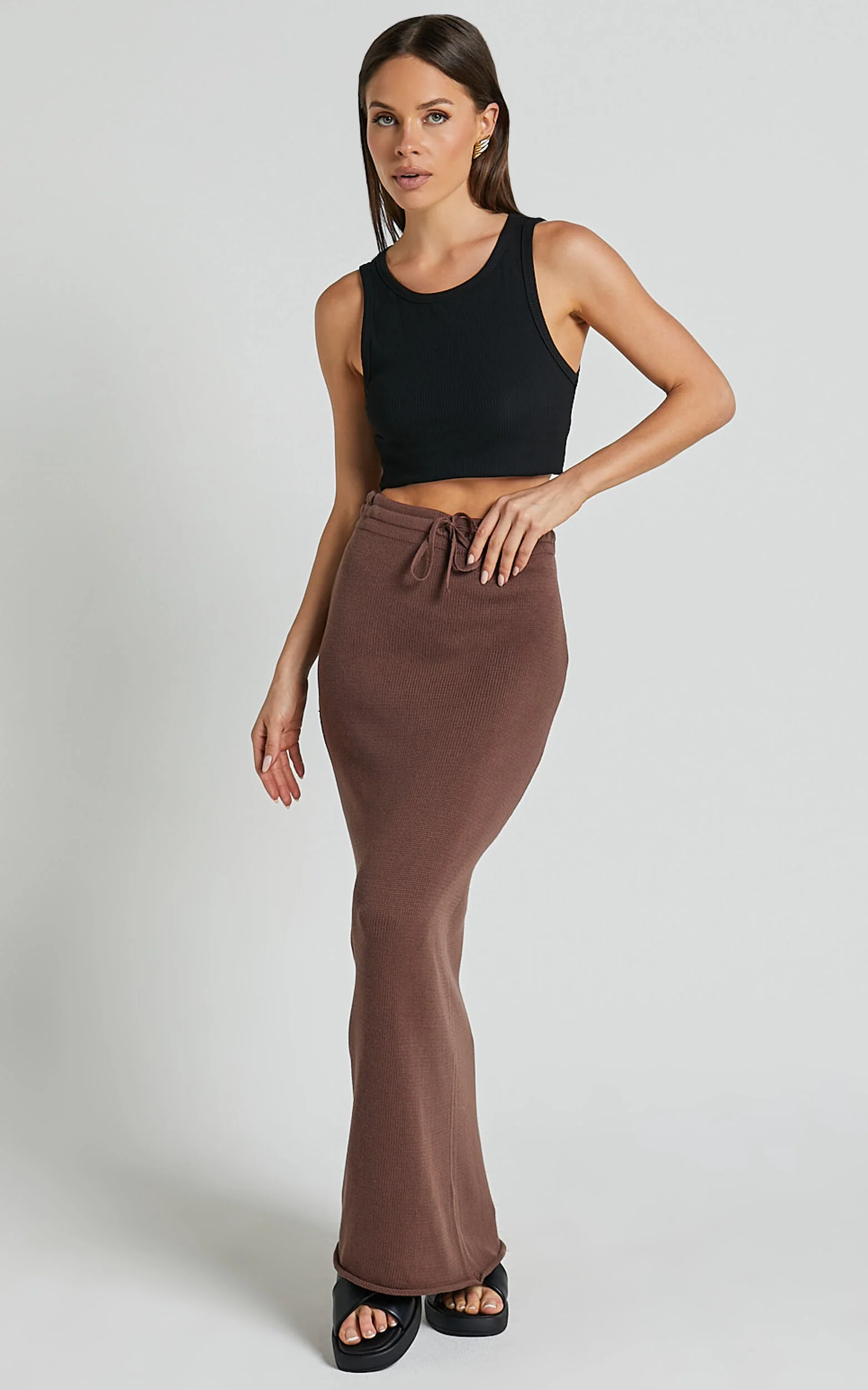 Dasuri Knit Maxi Skirt - Drawstring Skirt in Chocolate