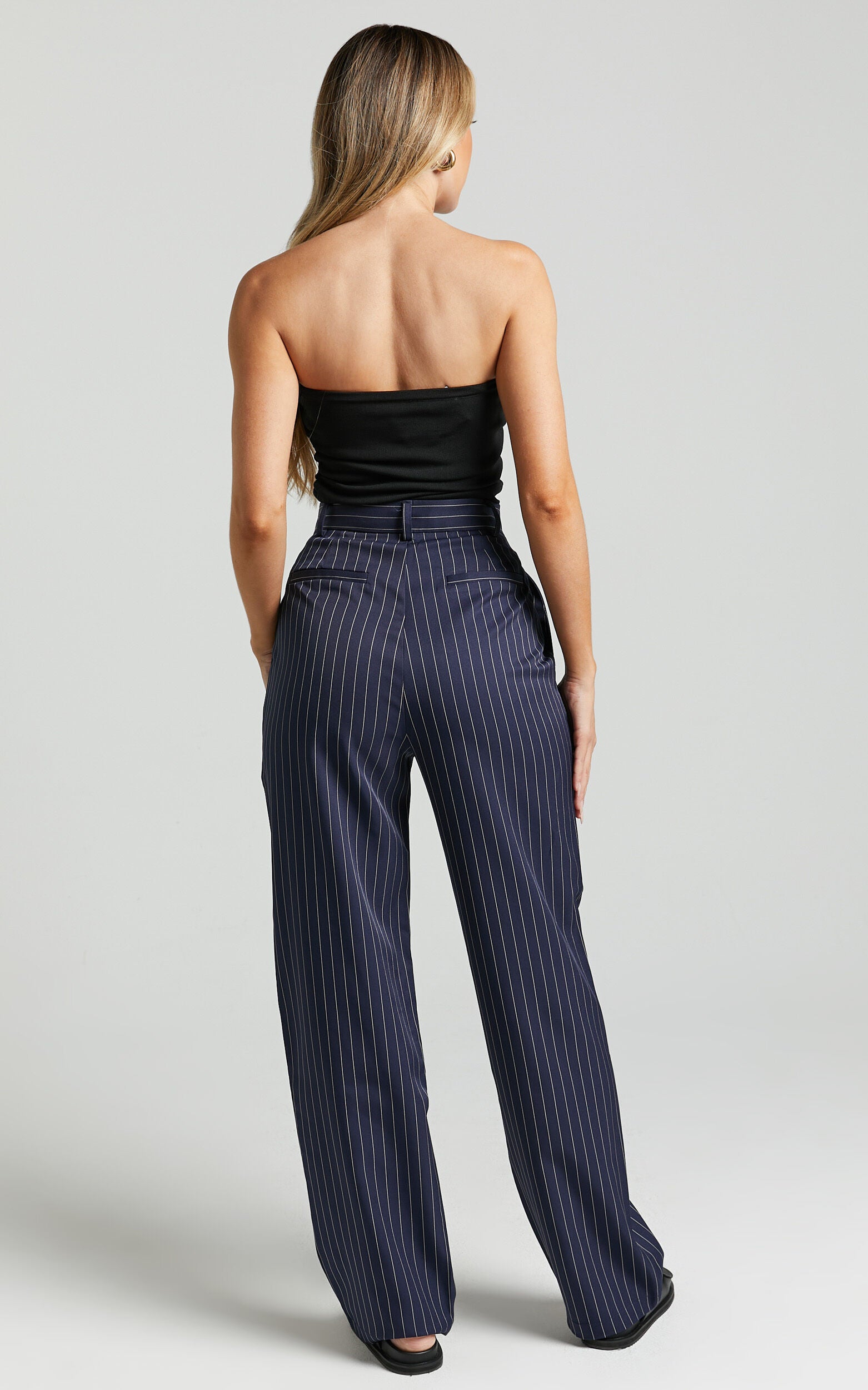 Iyah Pants - High Waisted Tailored Pants in Navy Pinstripe
