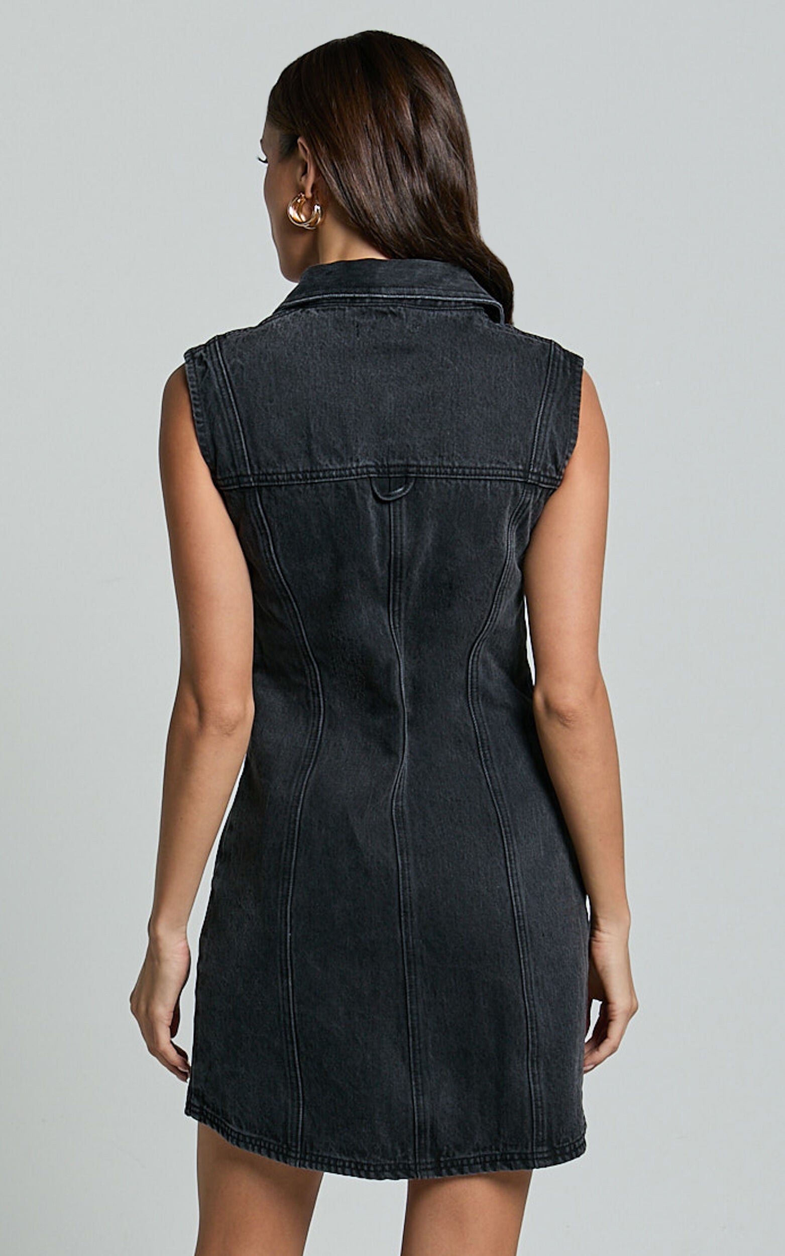 Gigie Mini Dress - Button Front Collared Denim in Washed Black