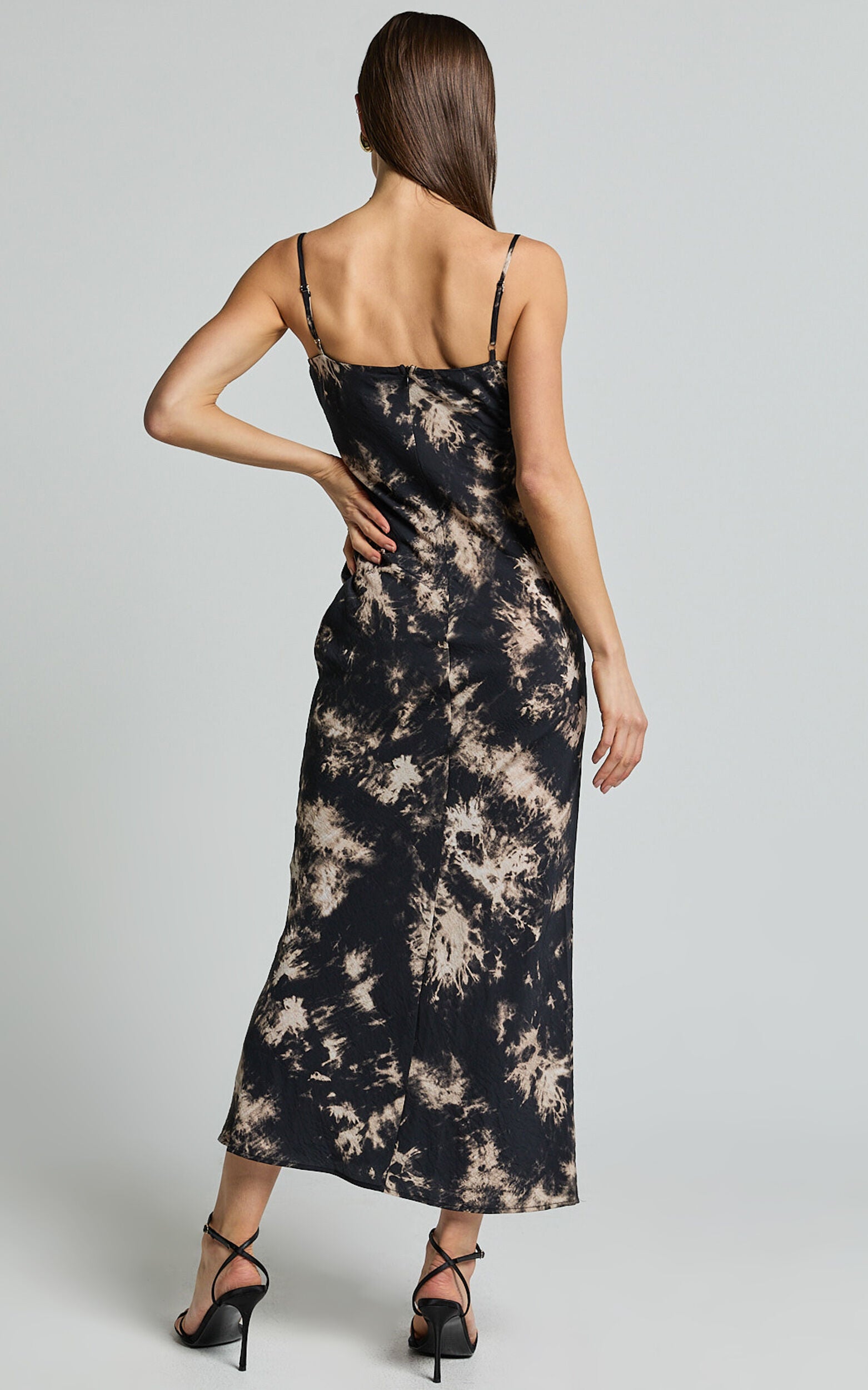 Nicki Midi Dress - Strappy Ruched Bust Slip Dress in Black Tie Dye