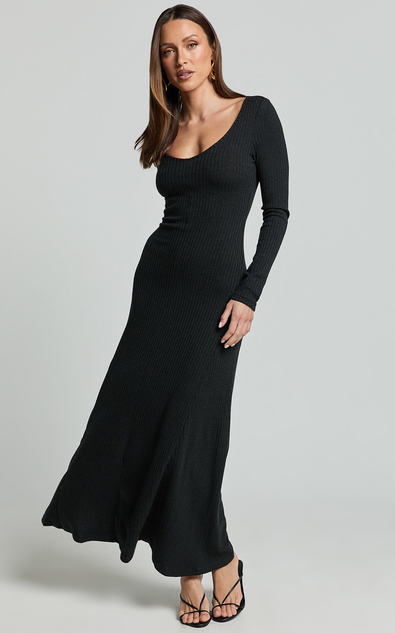 Lydia Midi Dress - V Neck Long Sleeve Knitted Dress in Black
