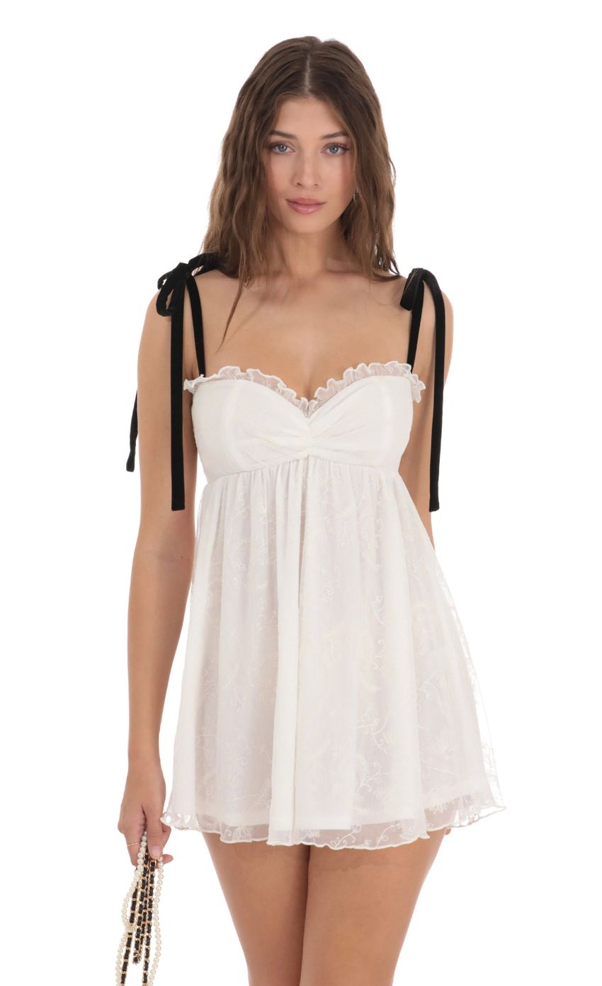 Mesh Velvet Shoulder Ties Babydoll Dress in White
