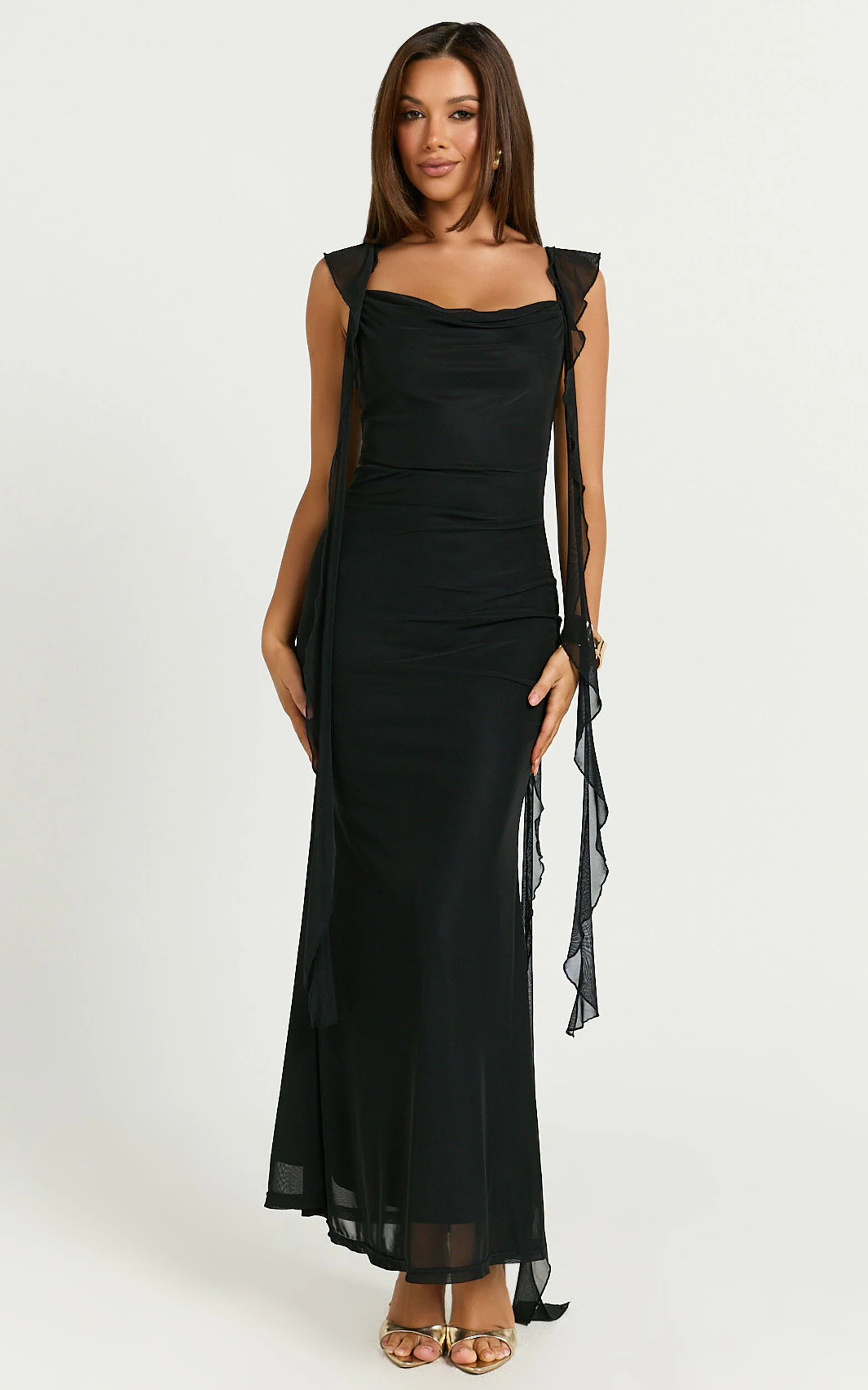 Rosha Maxi Dress - Ruffle Strap Dress in Black