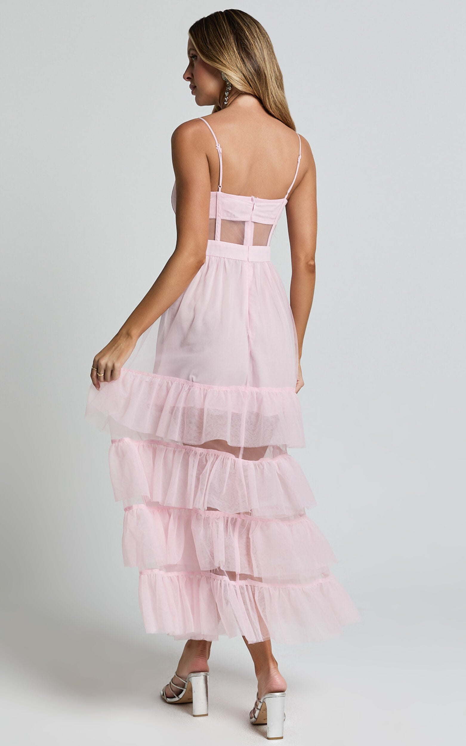 Evelynn Midi Dress - Sweetheart Corset Bodice Fit & Flare Tiered in Ballet Pink
