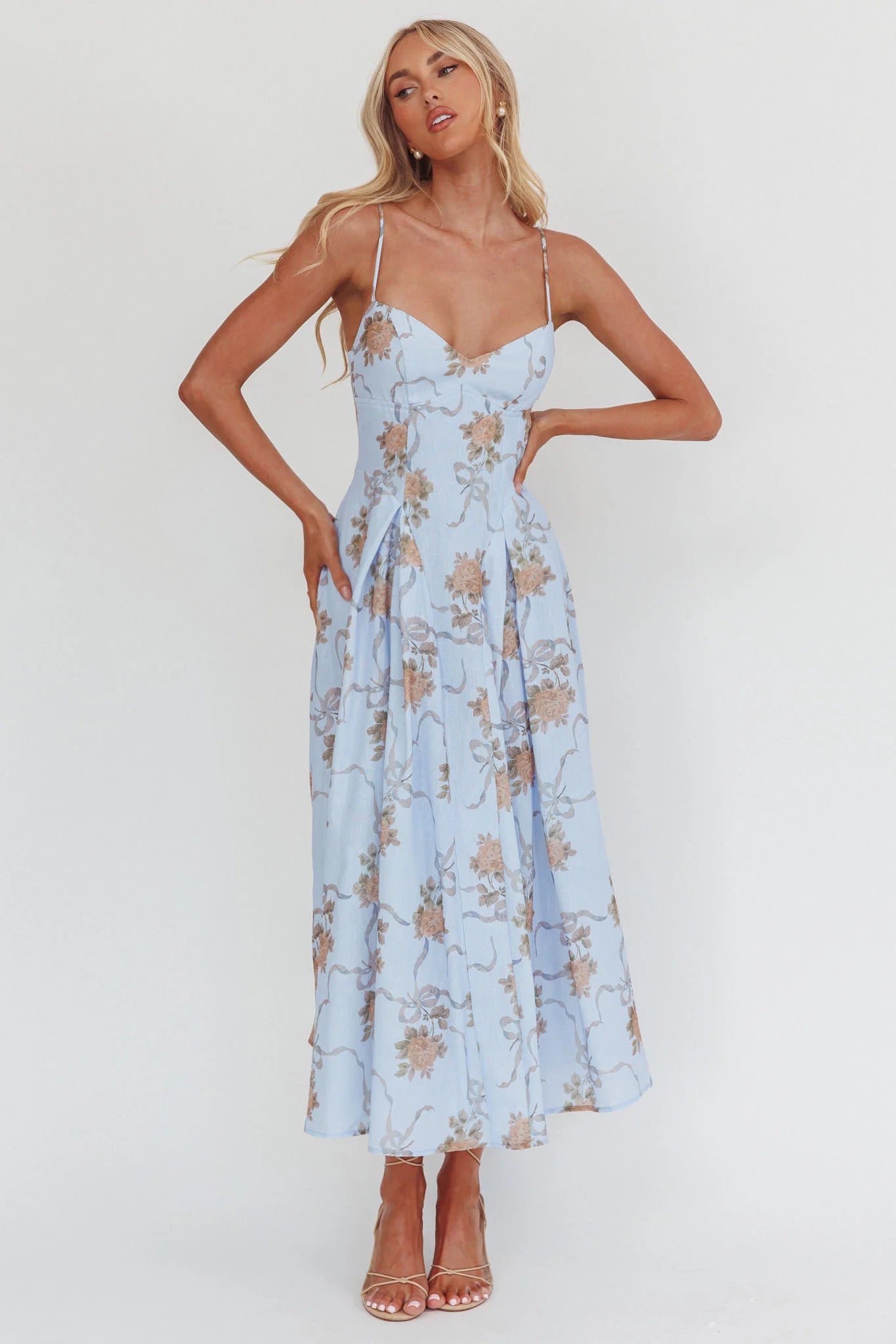 Get My Attention Pleat Waist Maxi Dress Bow Blue
