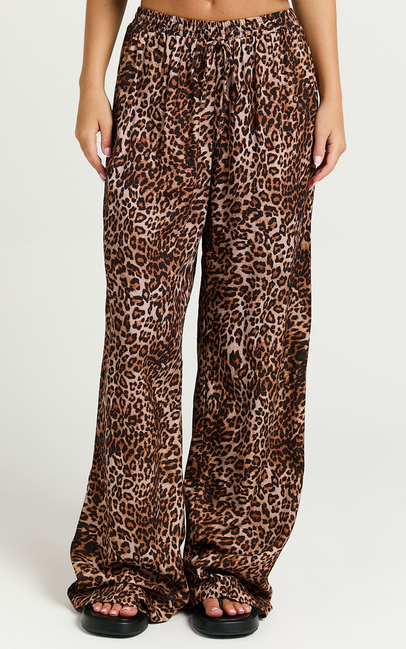 Lopez Linen Pants - Elasticated Straight Leg Pants in Tonal Leopard Print