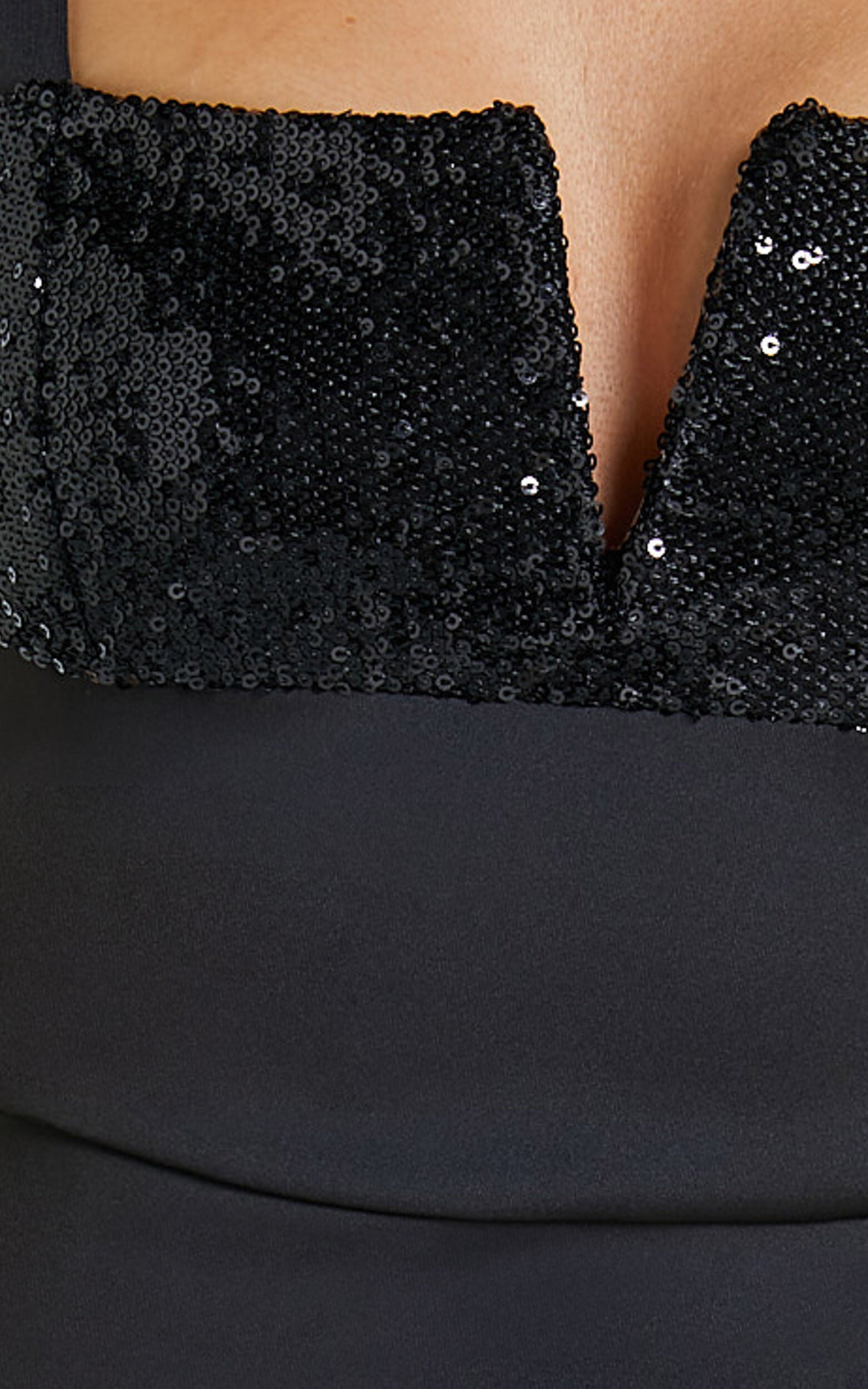 Heida Mini Dress - Square Neck Sequin Contrast Bodice Dress in Black