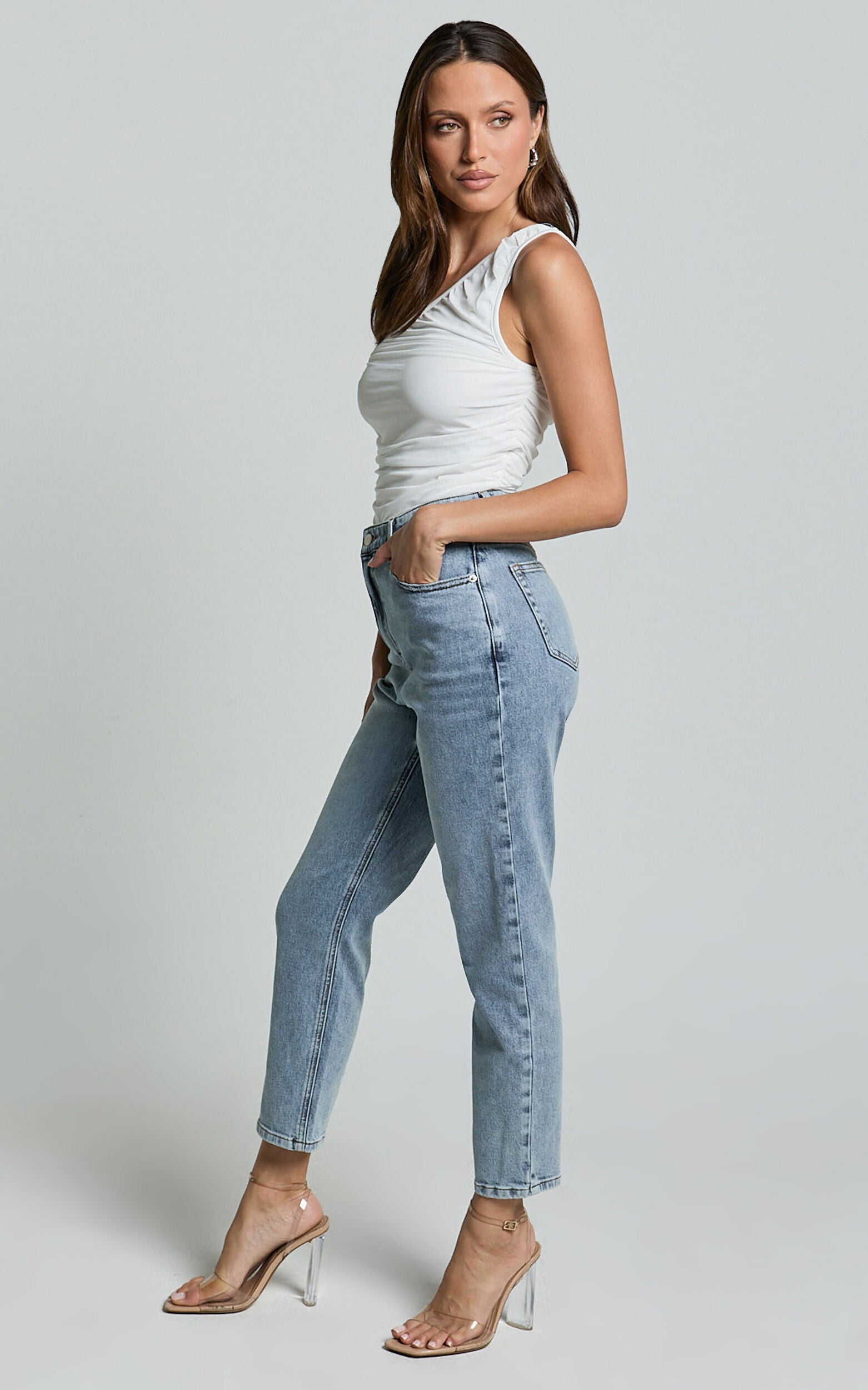 Lucilla Jeans - High Waisted Contour Fitted Denim Jeans in Mid Blue Wash