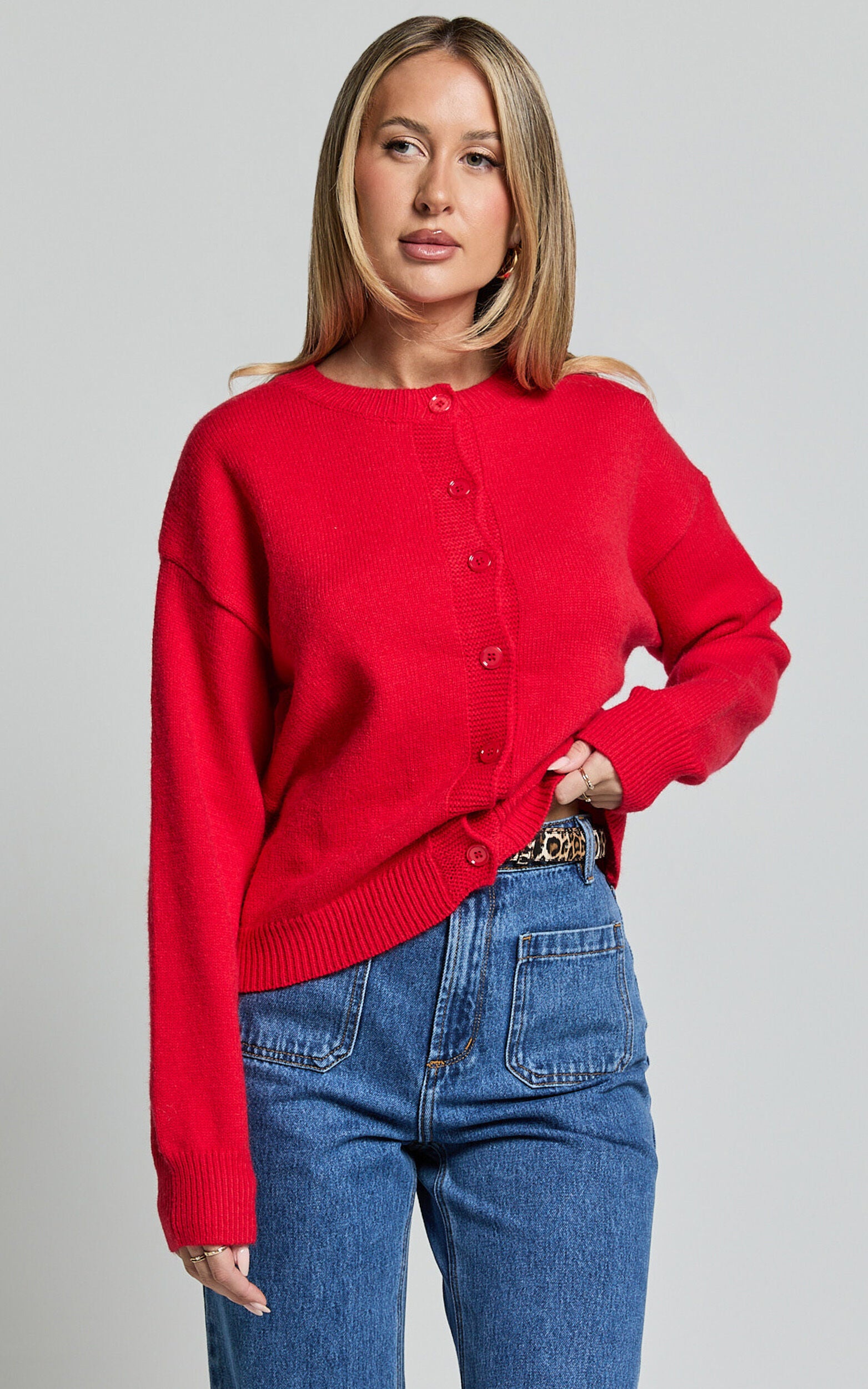 Lucille Cardigan - Button Through Scoop Neck Knit Cardigan in Red