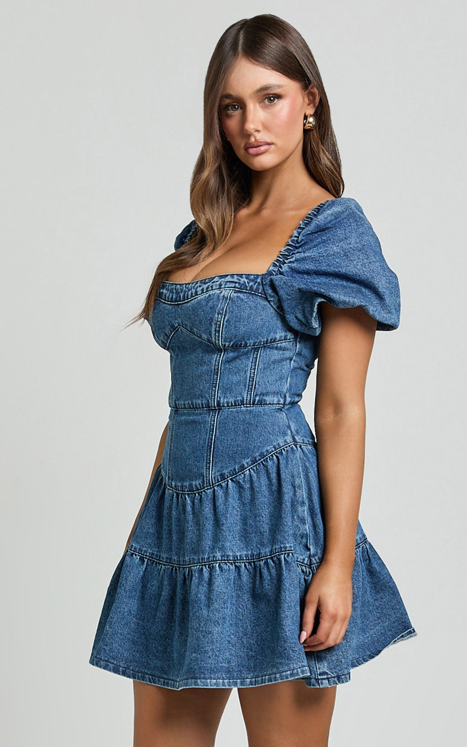 Gia Mini Dress - Short Puff Sleeve Tiered Denim Dress in Dark Blue Wash