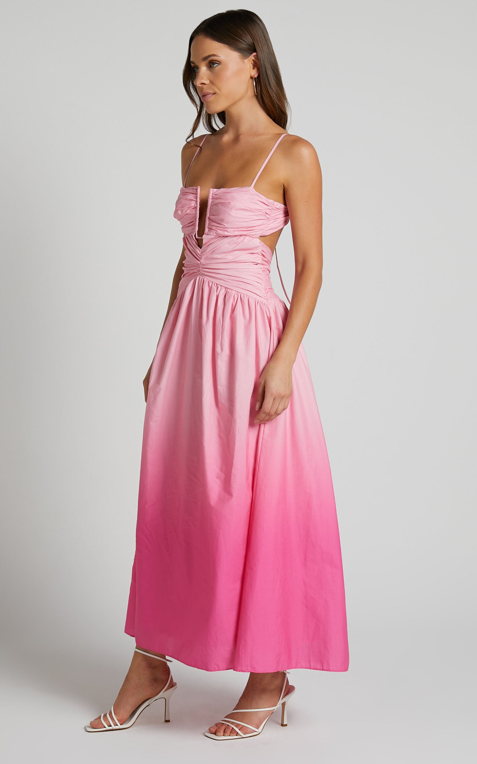 Gianna Midi Dress - Square Neck Cut Out Bust Fit and Flare Dress in Pink Ombre