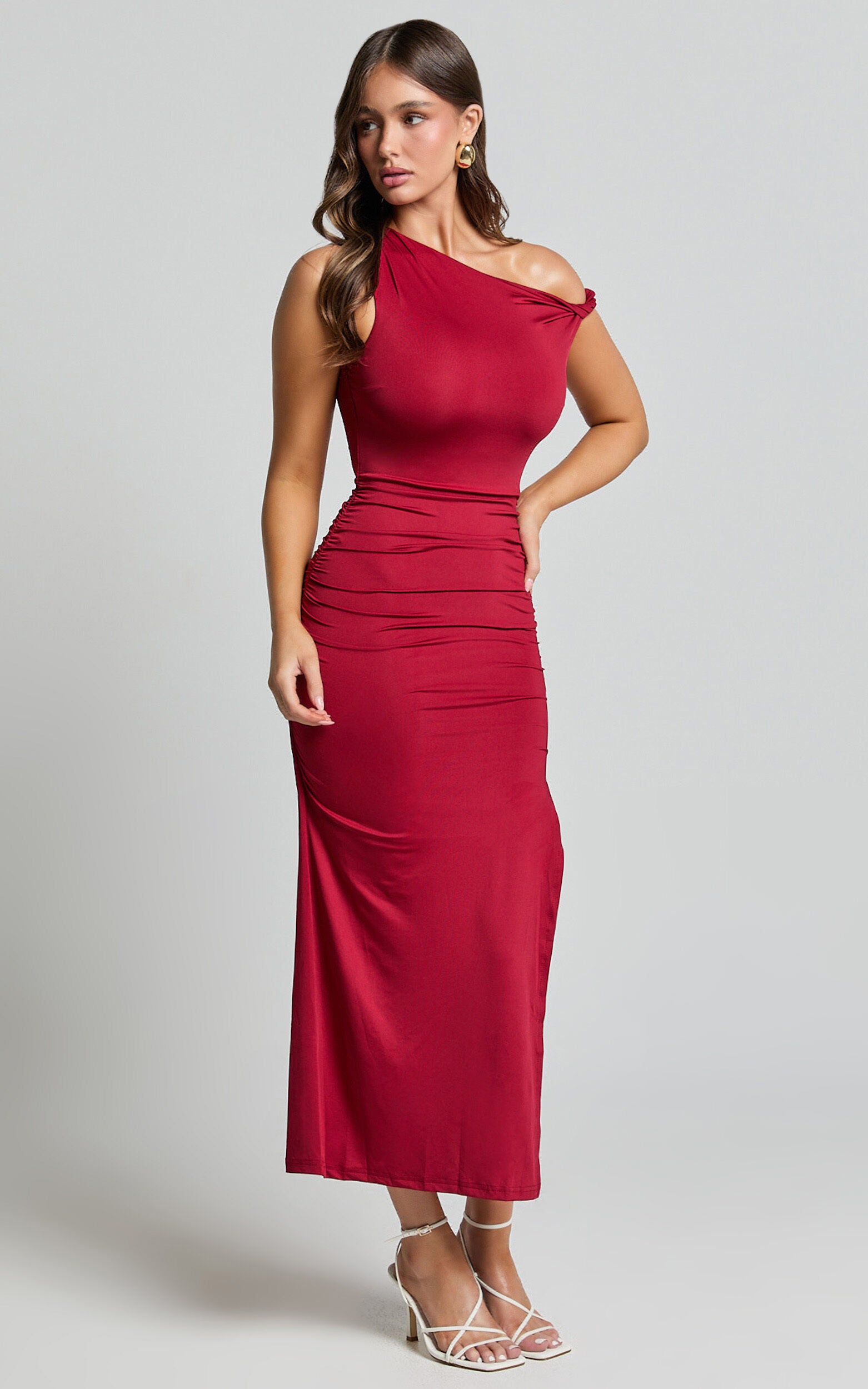 Hyde Midi Dress - Asymmetrical Twist Strap Off The Shoulder Dress in Berry