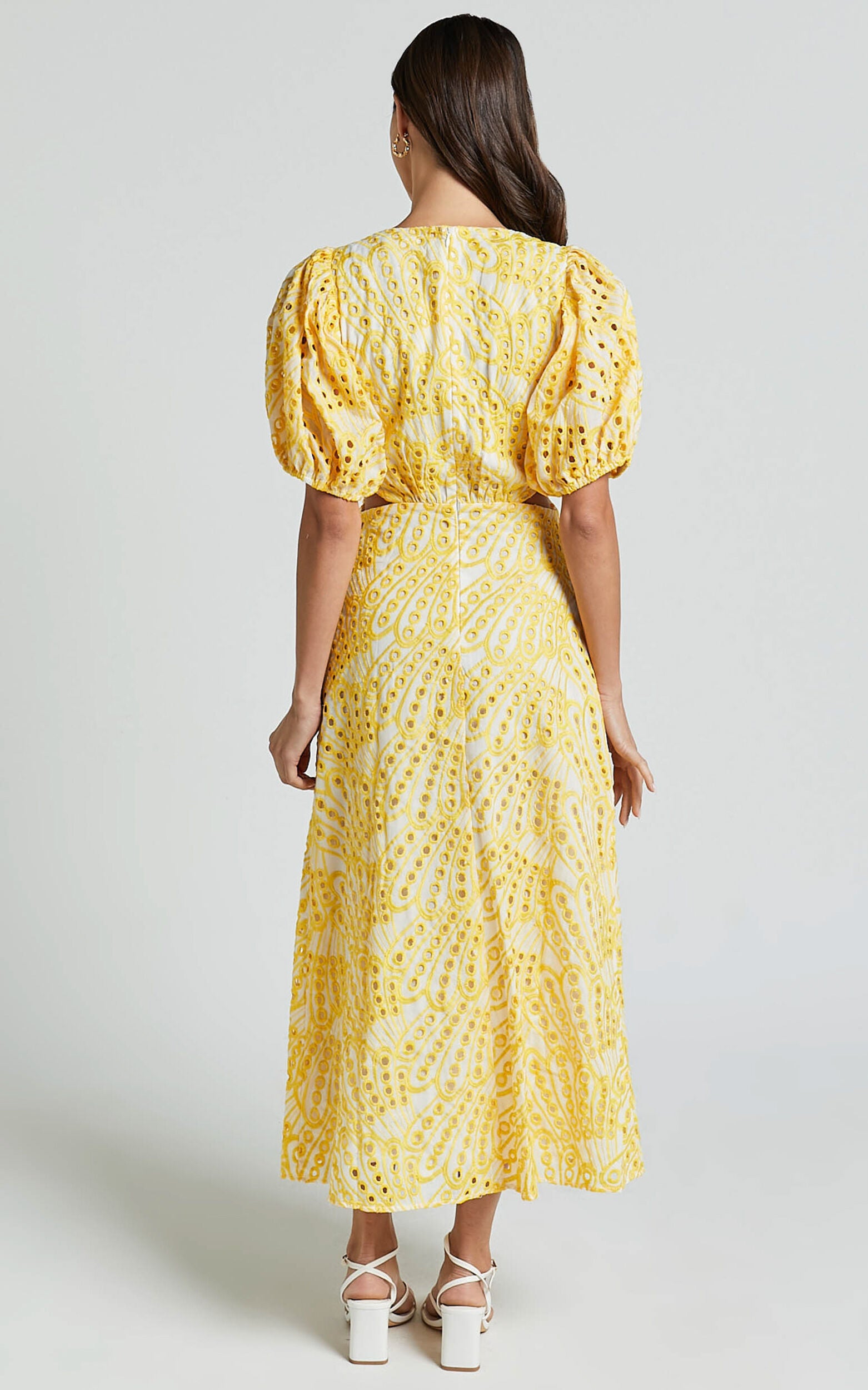 Imogen Midi Dress - Plunge Neck Puff Sleeve Side Cut Out Dress in White and Yellow