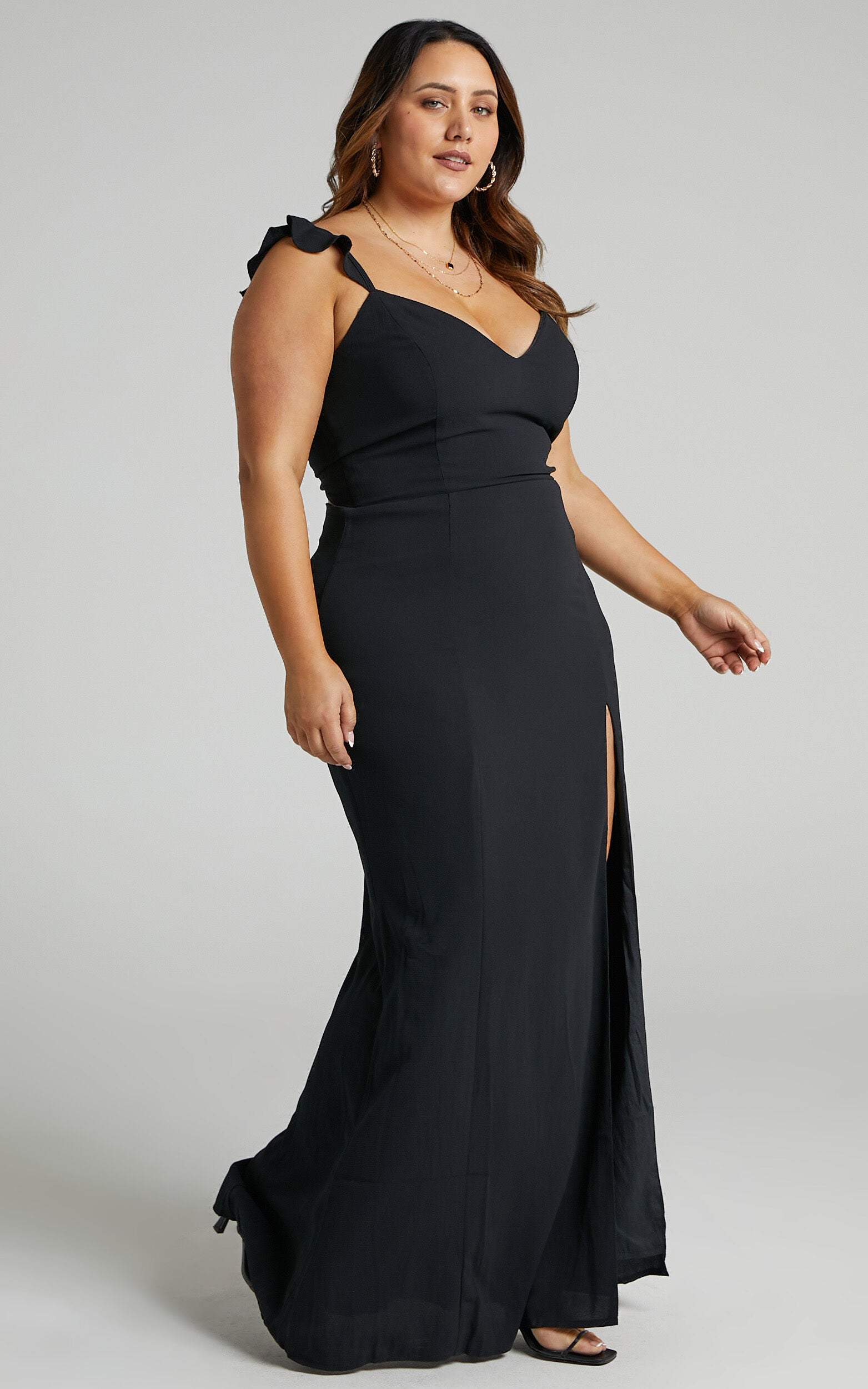 More Than This Maxi Dress - Ruffle Strap Thigh Split Dress in Black