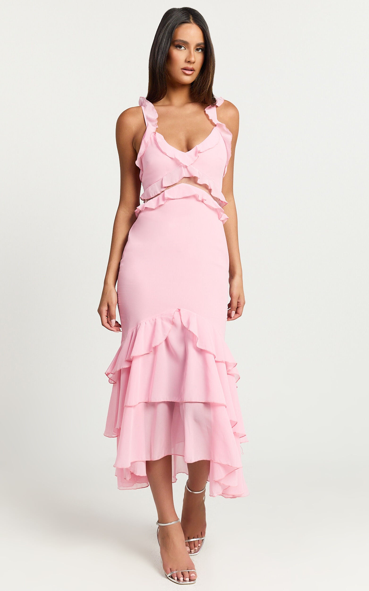 Hattie Midi Dress - Ruffle Detail V-neck Dress in Pink