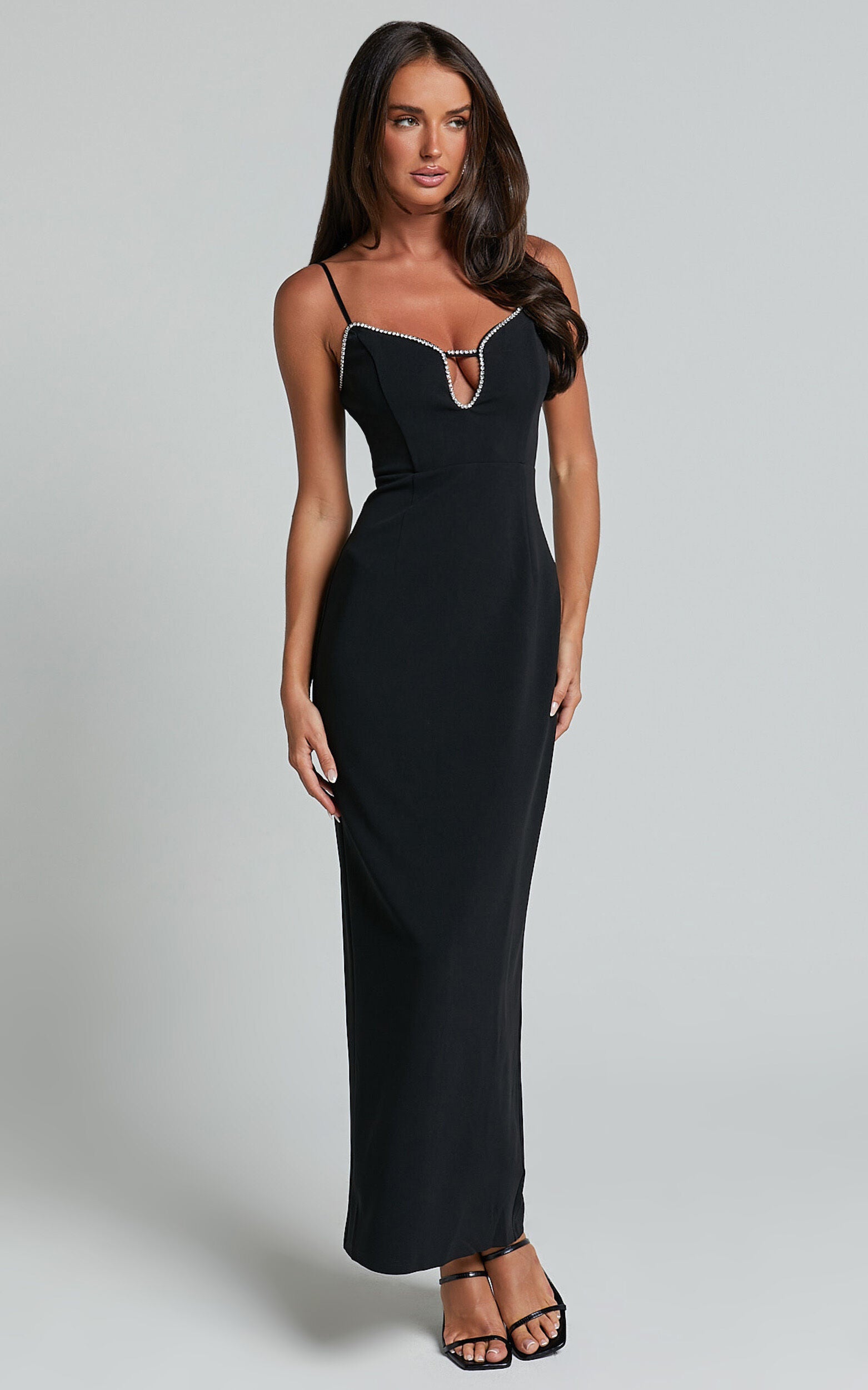 Felicity Midi Dress - Plunge Diamante Detail Dress in Black