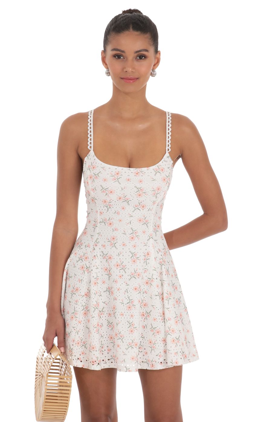 Floral Strap Crossback Fit and Flare Dress in White