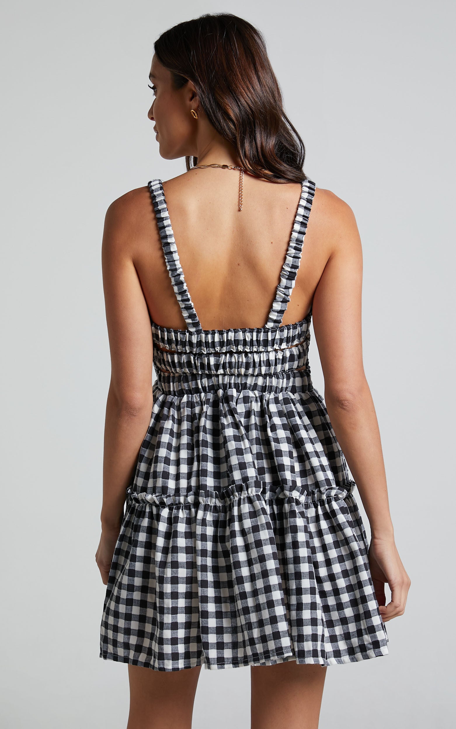 Wilda Mini Dress - Shirred Tiered Dress in Black and White Check