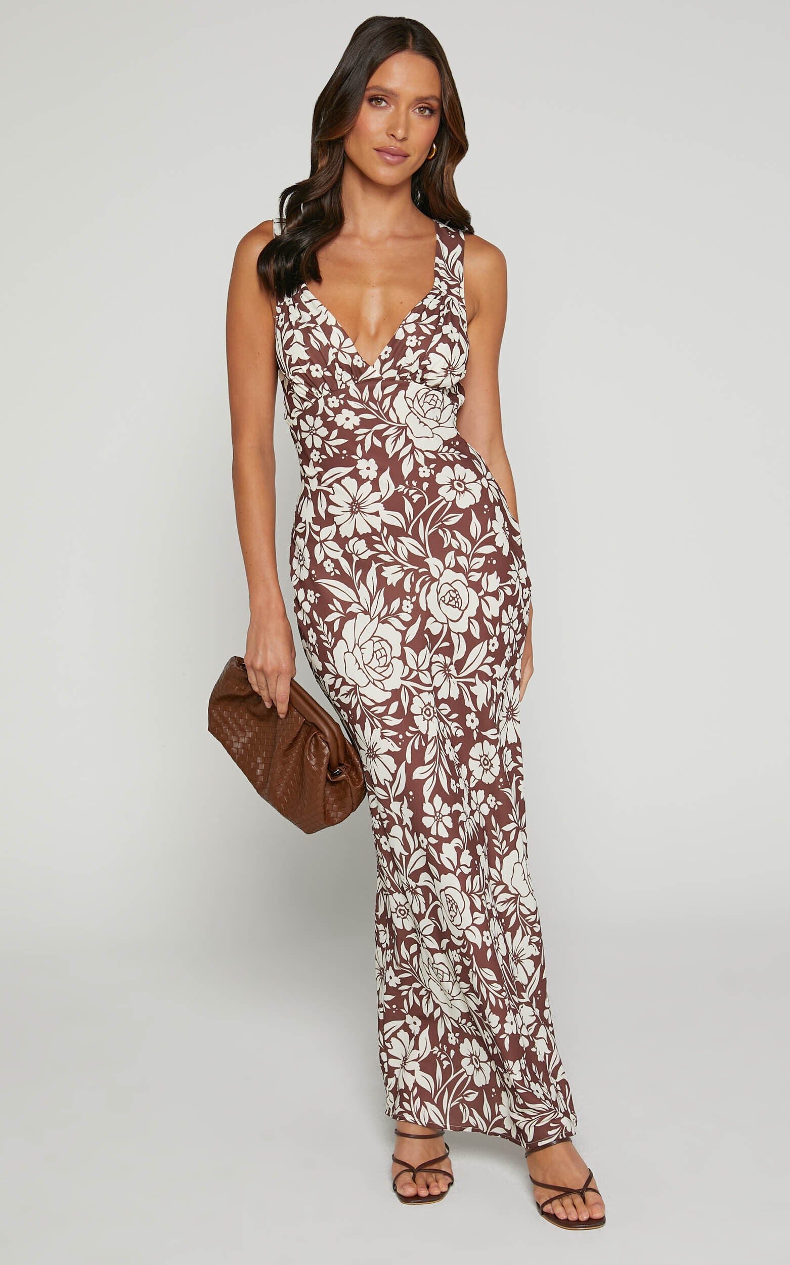 Mauriel Midi Dress - Deep V Gathered Bust Slip Dress in Brown Floral