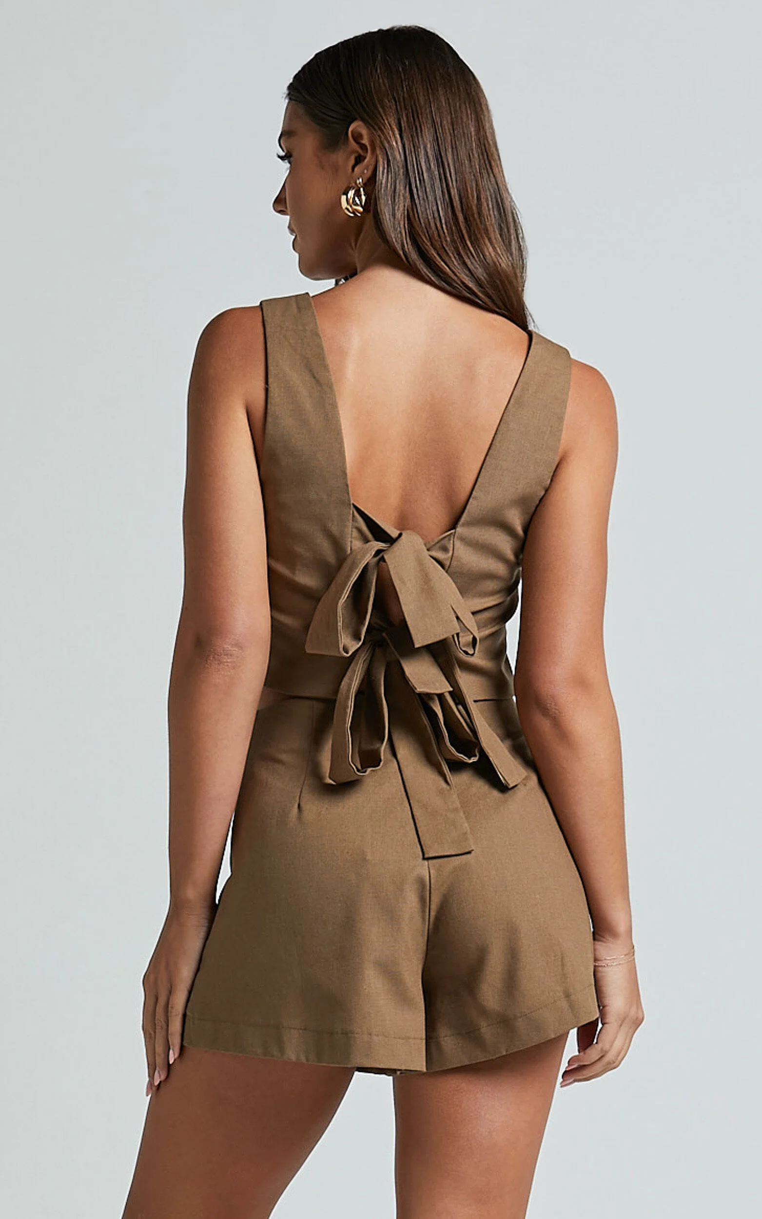 Salvador Two Piece Set - Linen Sleeveless Crop Top and High Waisted Tailored Shorts in Olive