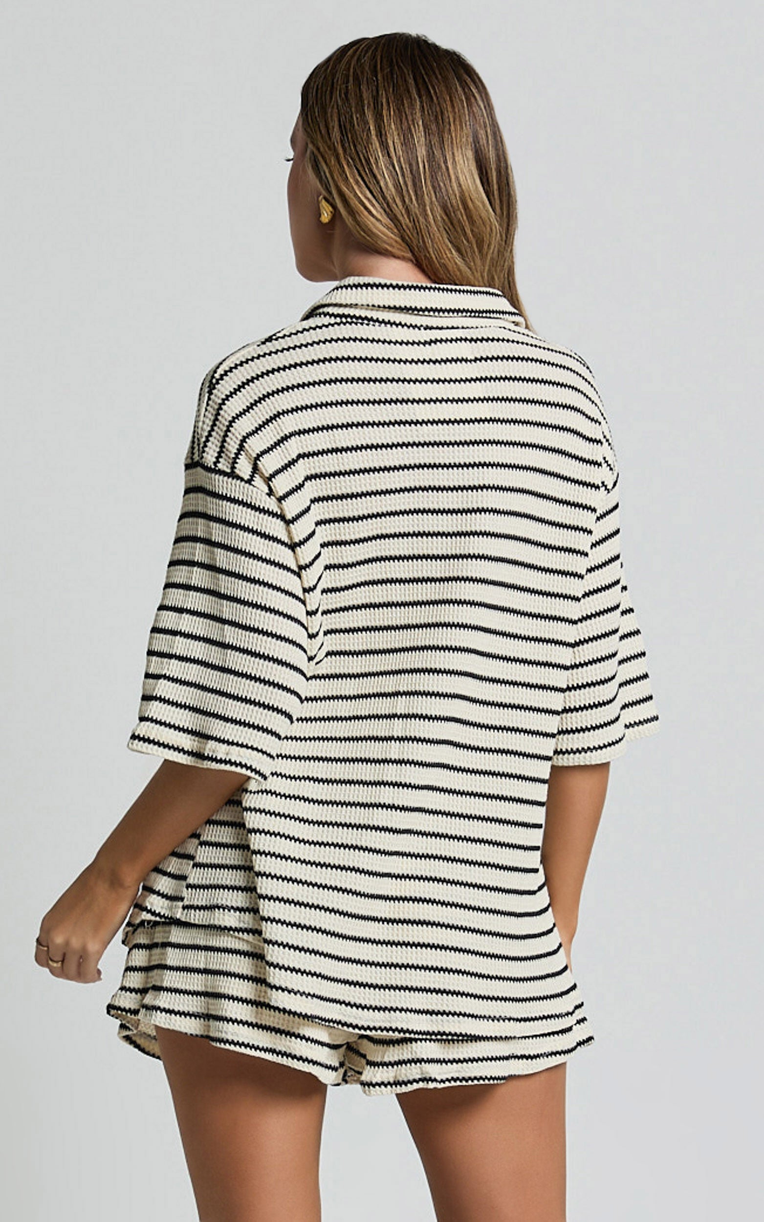 Dylan Two Piece Set - Striped Waffle Shirt and Short Set in Black & Cream Stripe