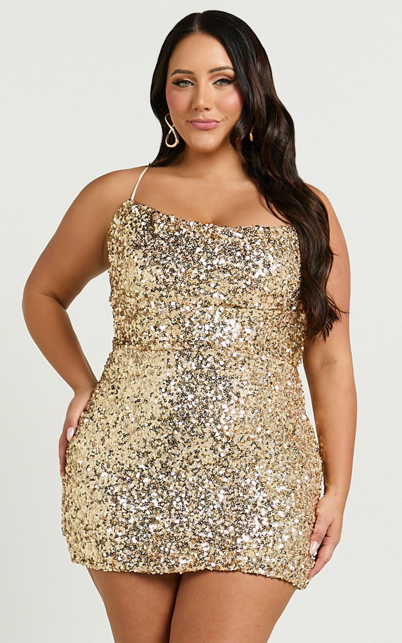 Hughes Mini Dress - Cowl Neck Tie Back Sequin Dress in Gold