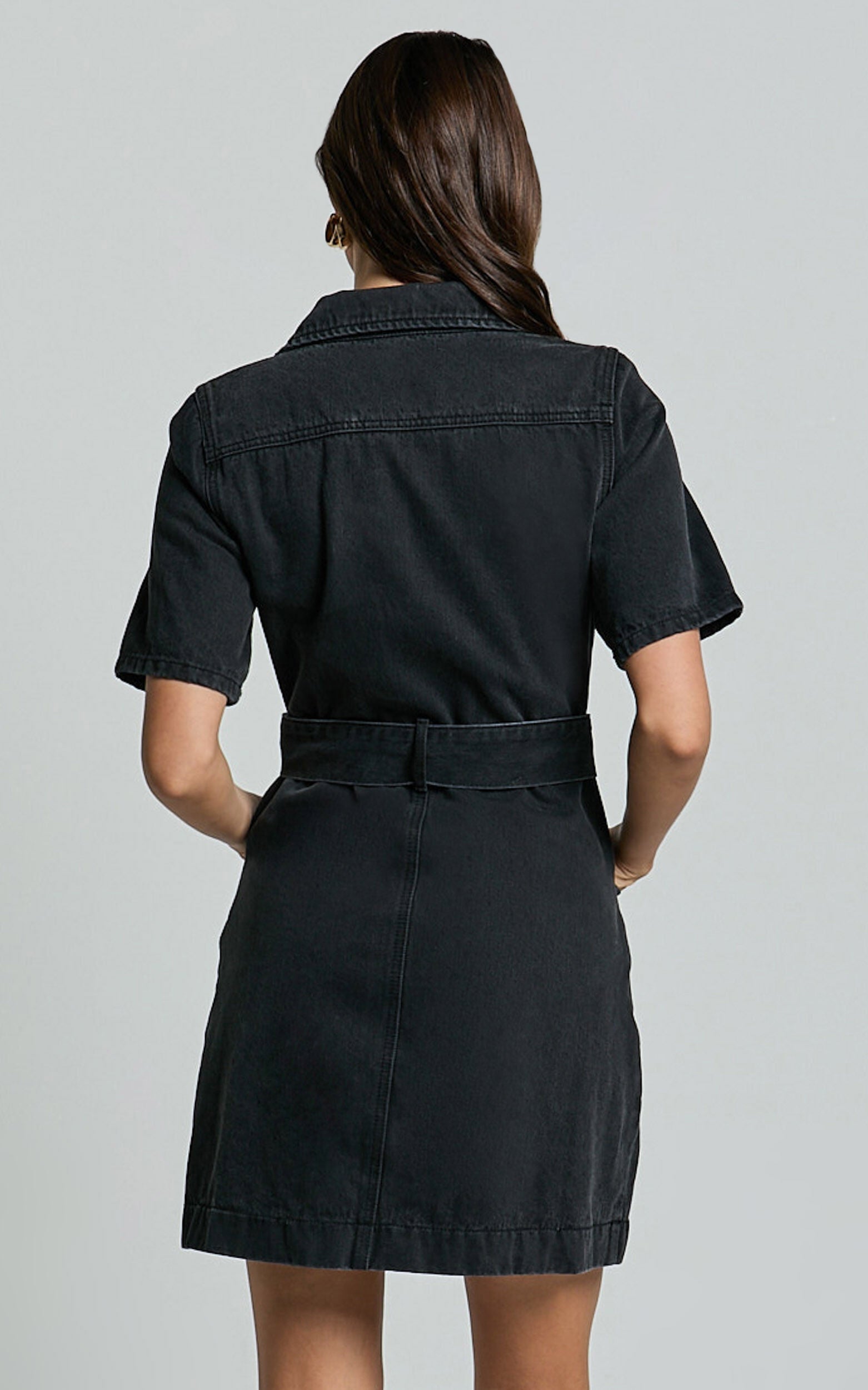 Aelicia Mini Dress - Button Through Denim Dress in Washed Black