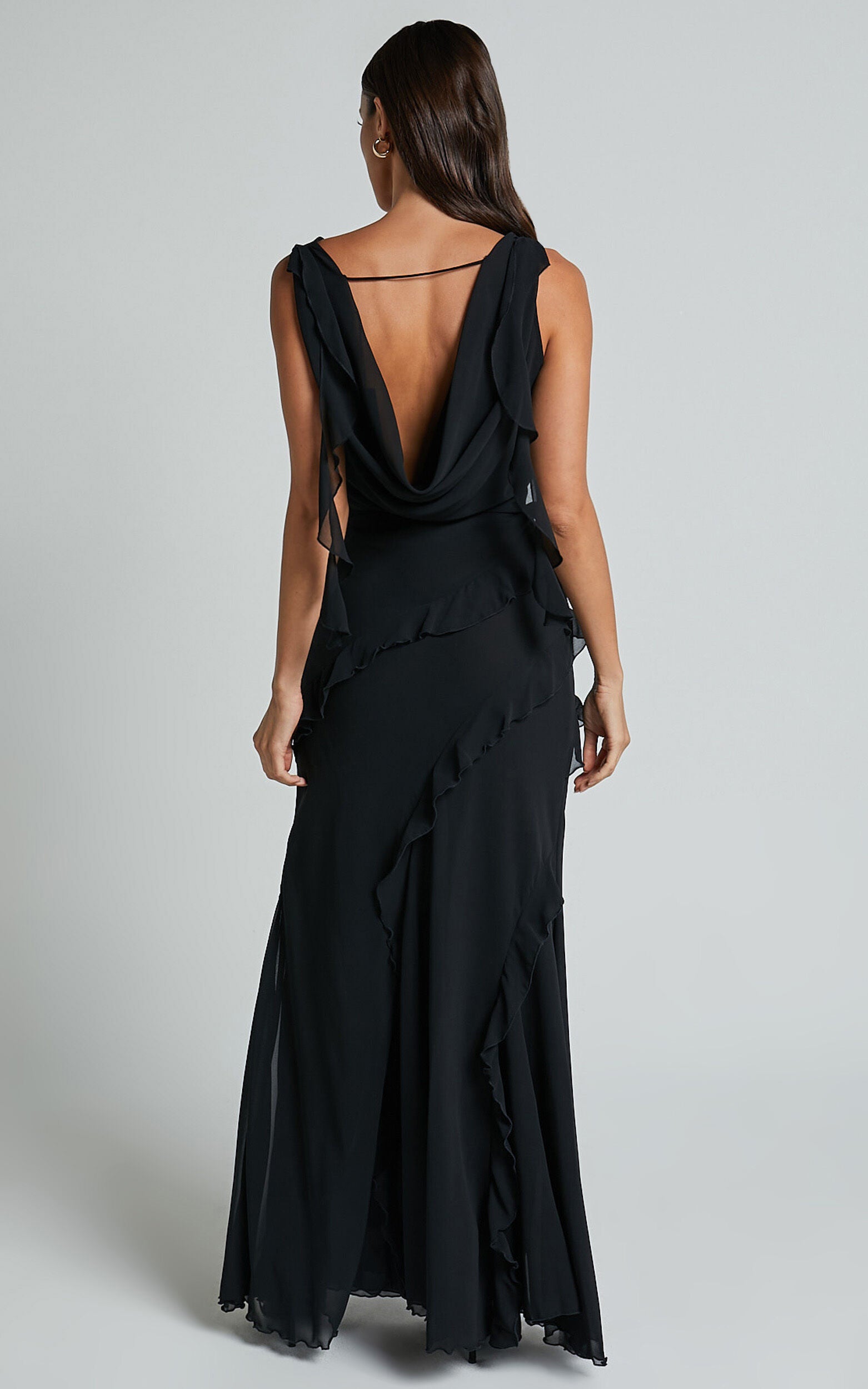 Lowen Maxi Skirt - High Waist Frill Thigh Split Skirt in Black