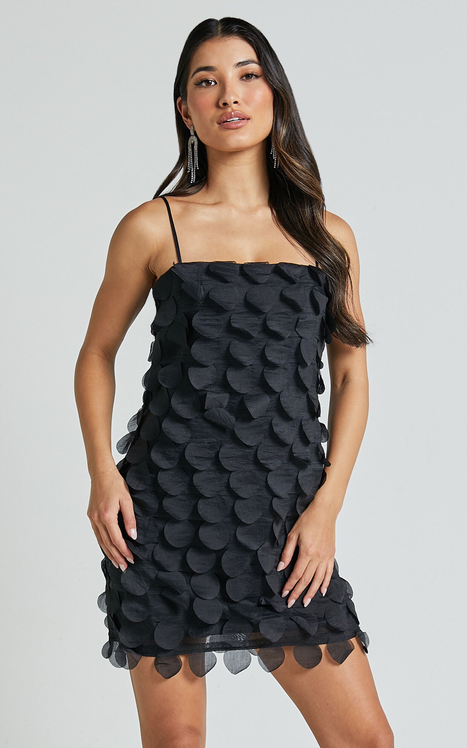 Leah Mini Dress - Strappy 3D Floral Cami Dress in Black