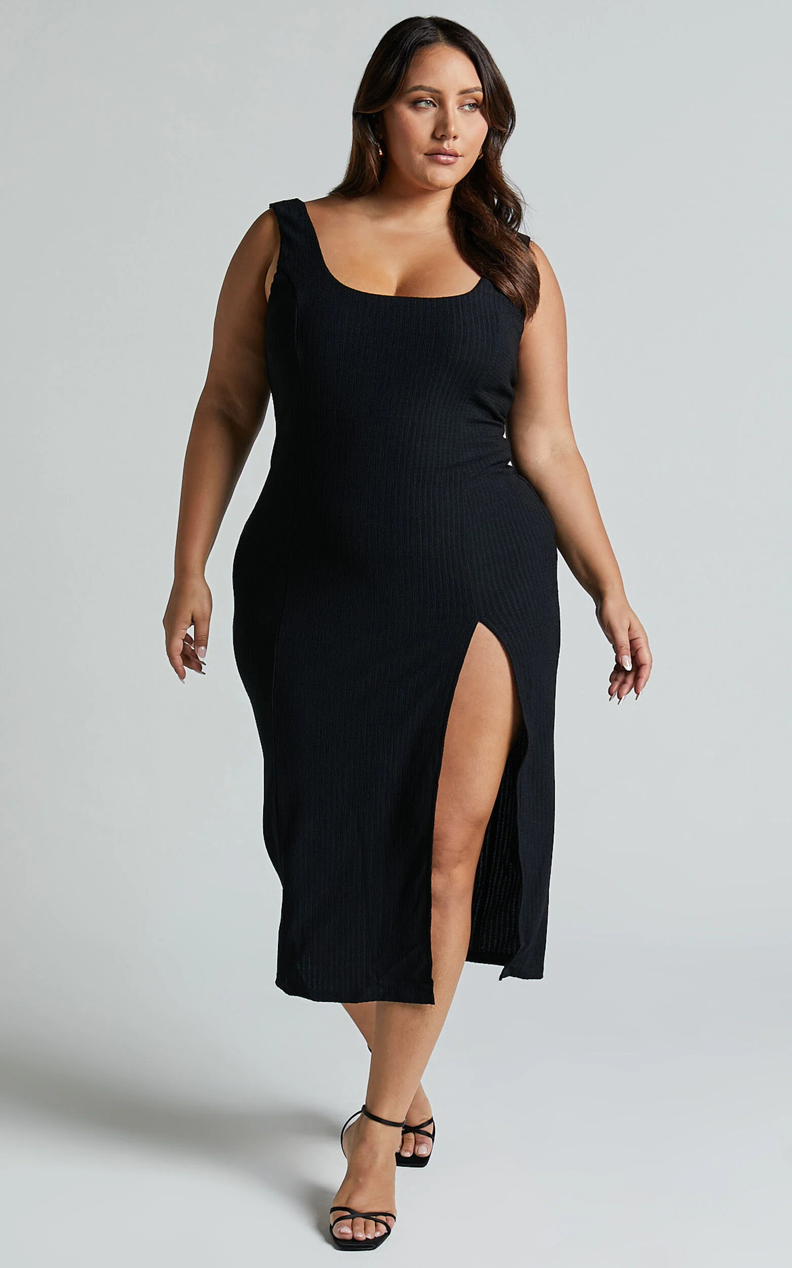 Wilder Midi Dress - Textured Thigh Split Bodycon Dress in Black