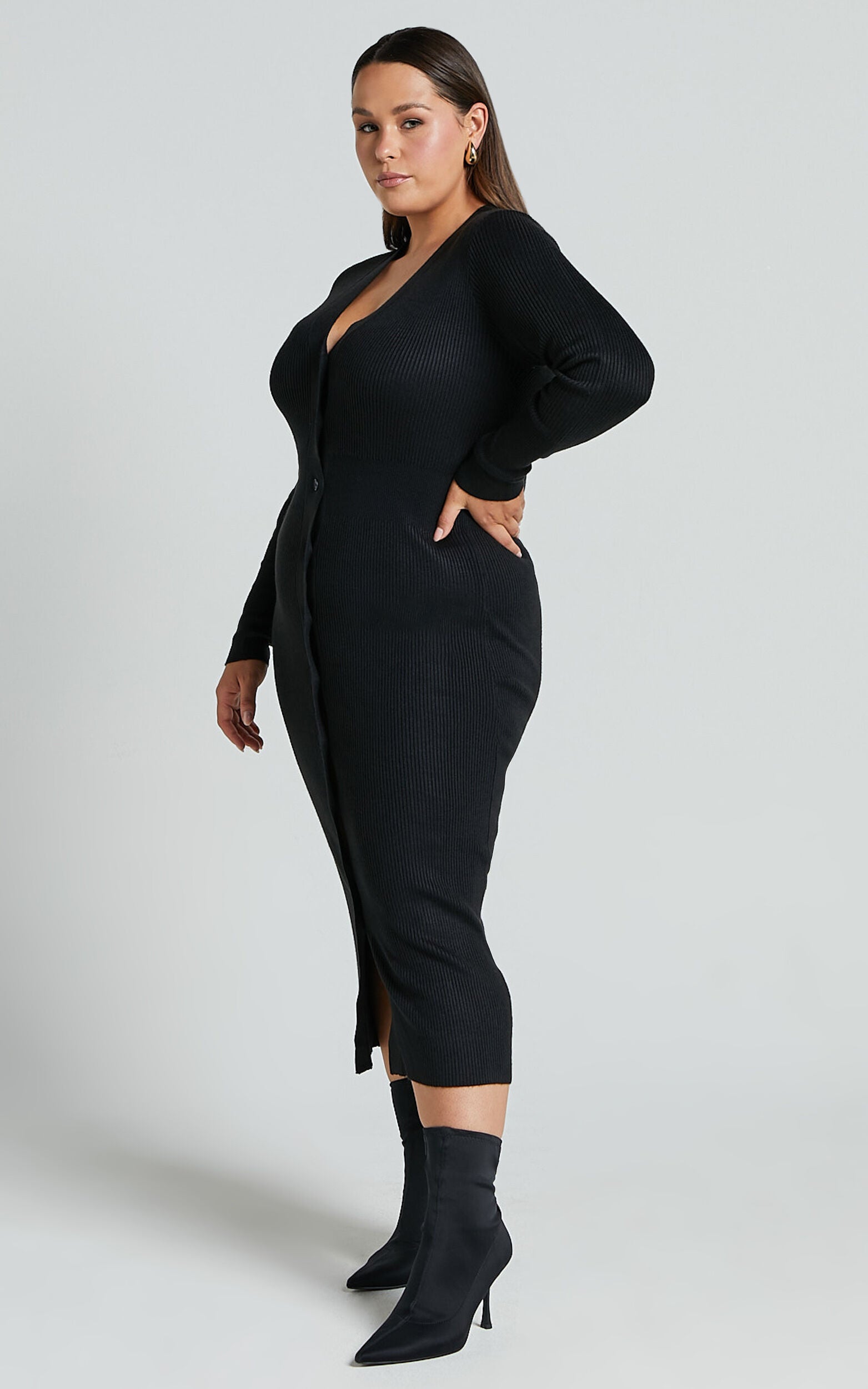 Leahanna Midi Dress - Button Front Knit Dress in Black