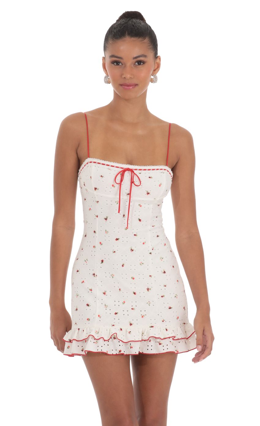 Floral Eyelet Ruffle Dress in White