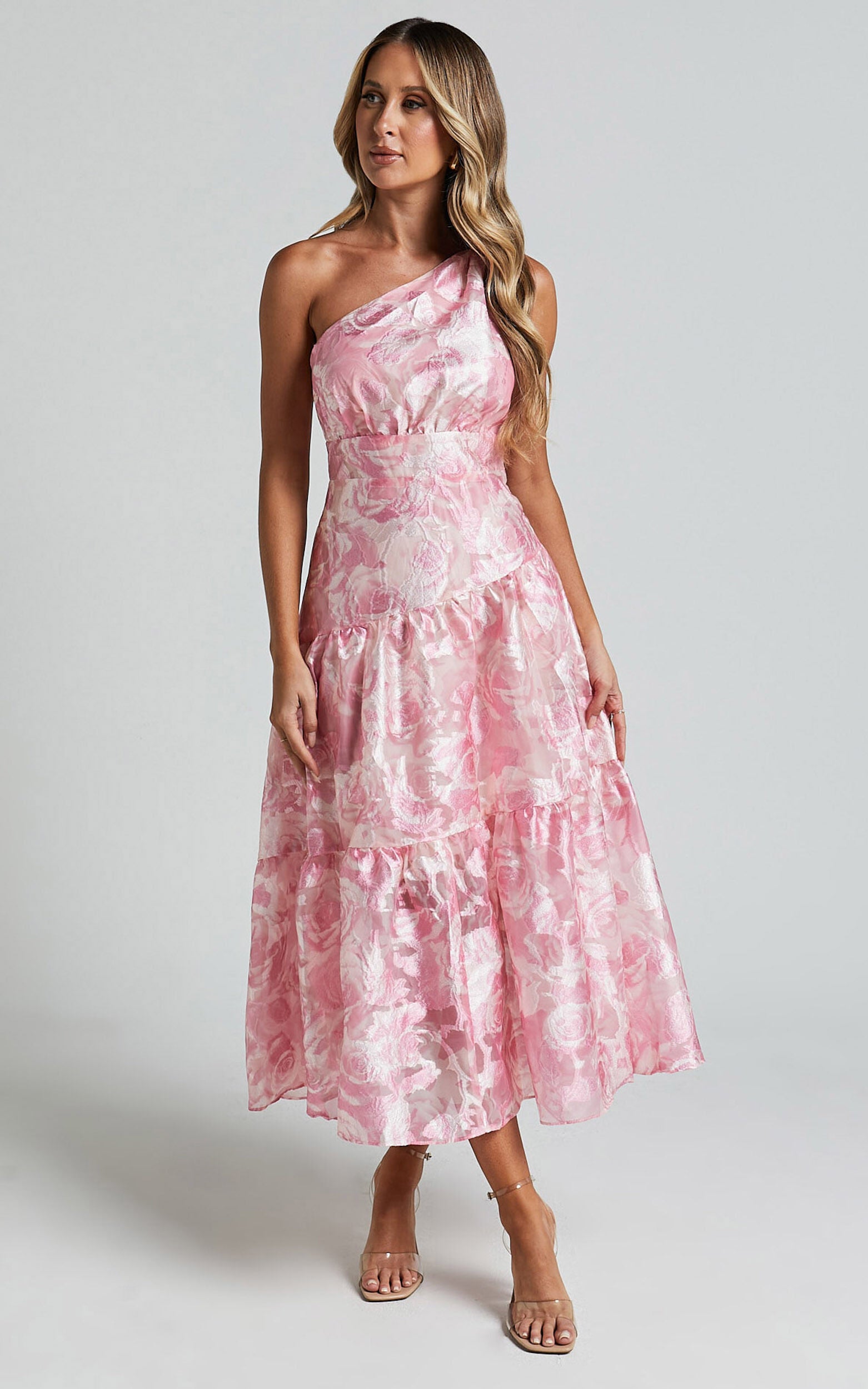 Lettie Midi Dress - One Shoulder Tiered Dress in Blurred Rose