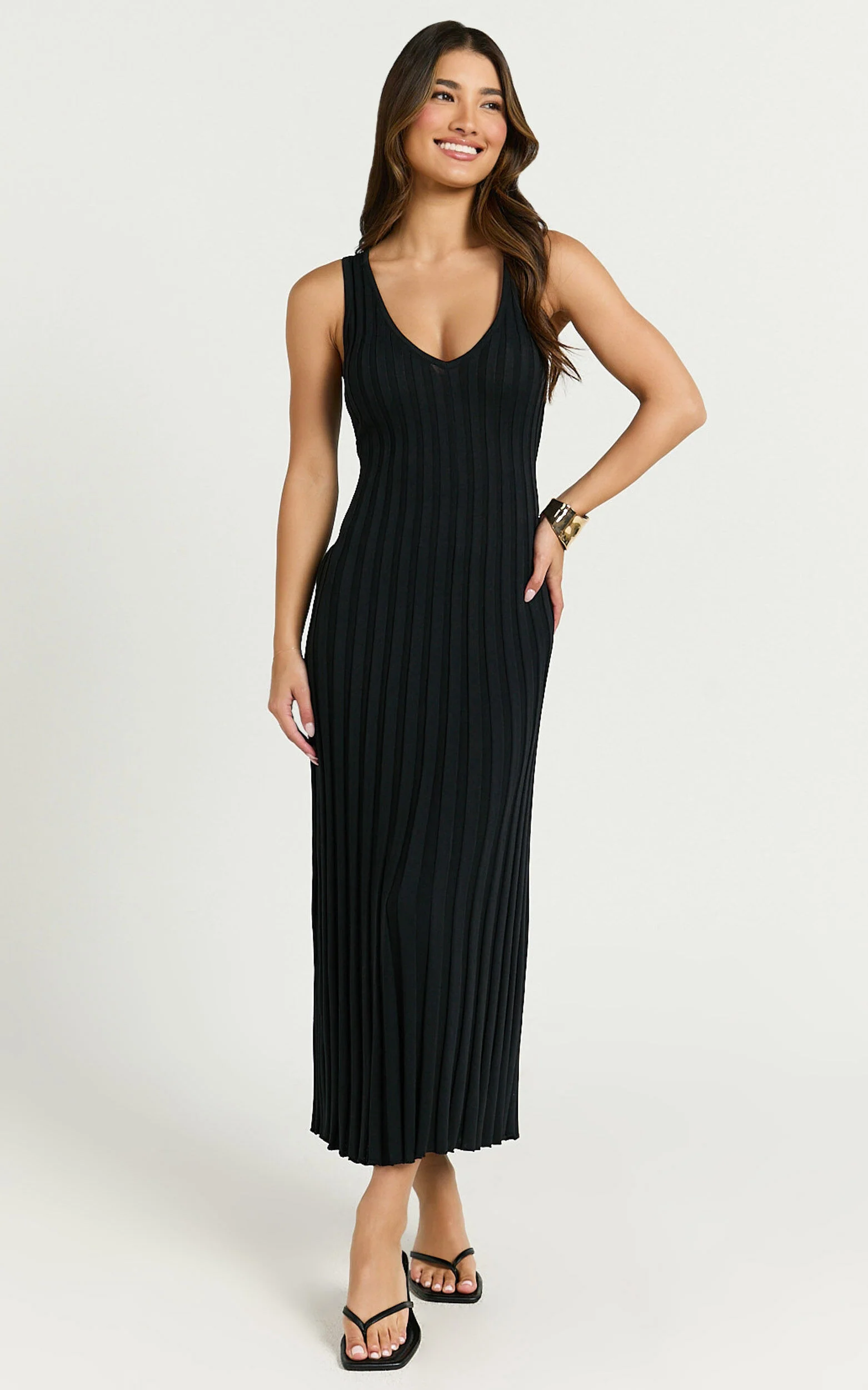 Maya Midi Knit Dress - Sleeveless V Neck Knited Dress in Black