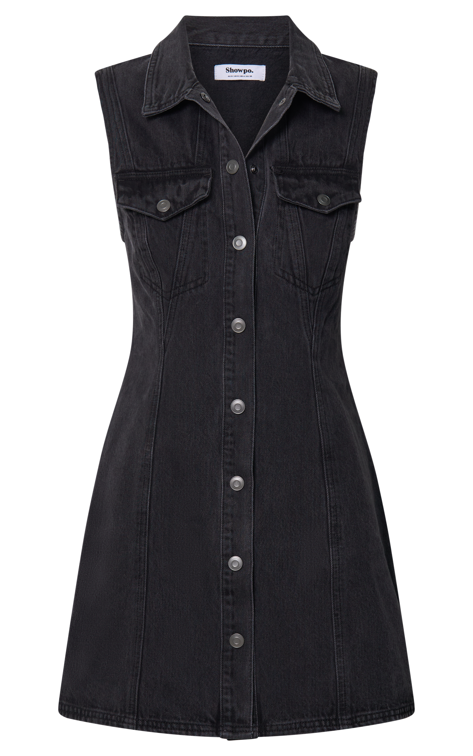 Gigie Mini Dress - Button Front Collared Denim in Washed Black