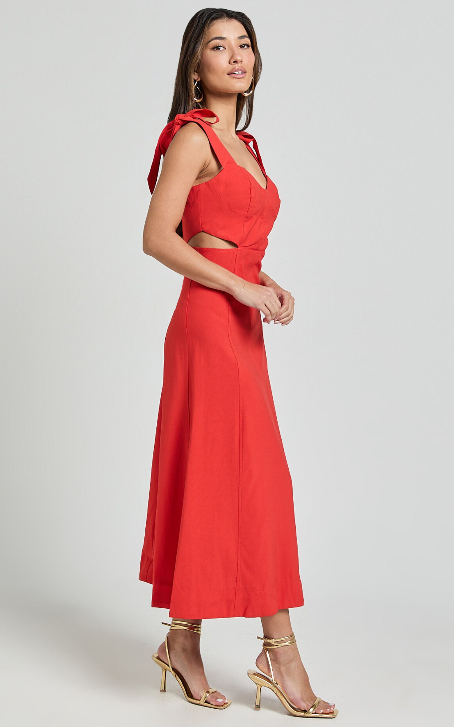 Giana Midi Dress - Shoulder Tie Cut Out Thigh Split Dress in Red