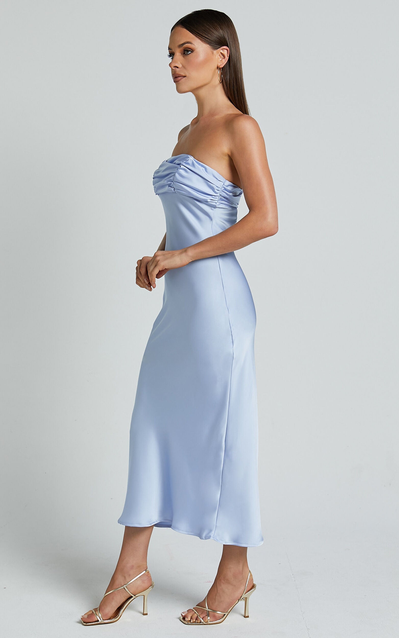 Margot Midi Dress - Gathered Bust Detail Strapless Satin Bias Cut Dress in Light Blue
