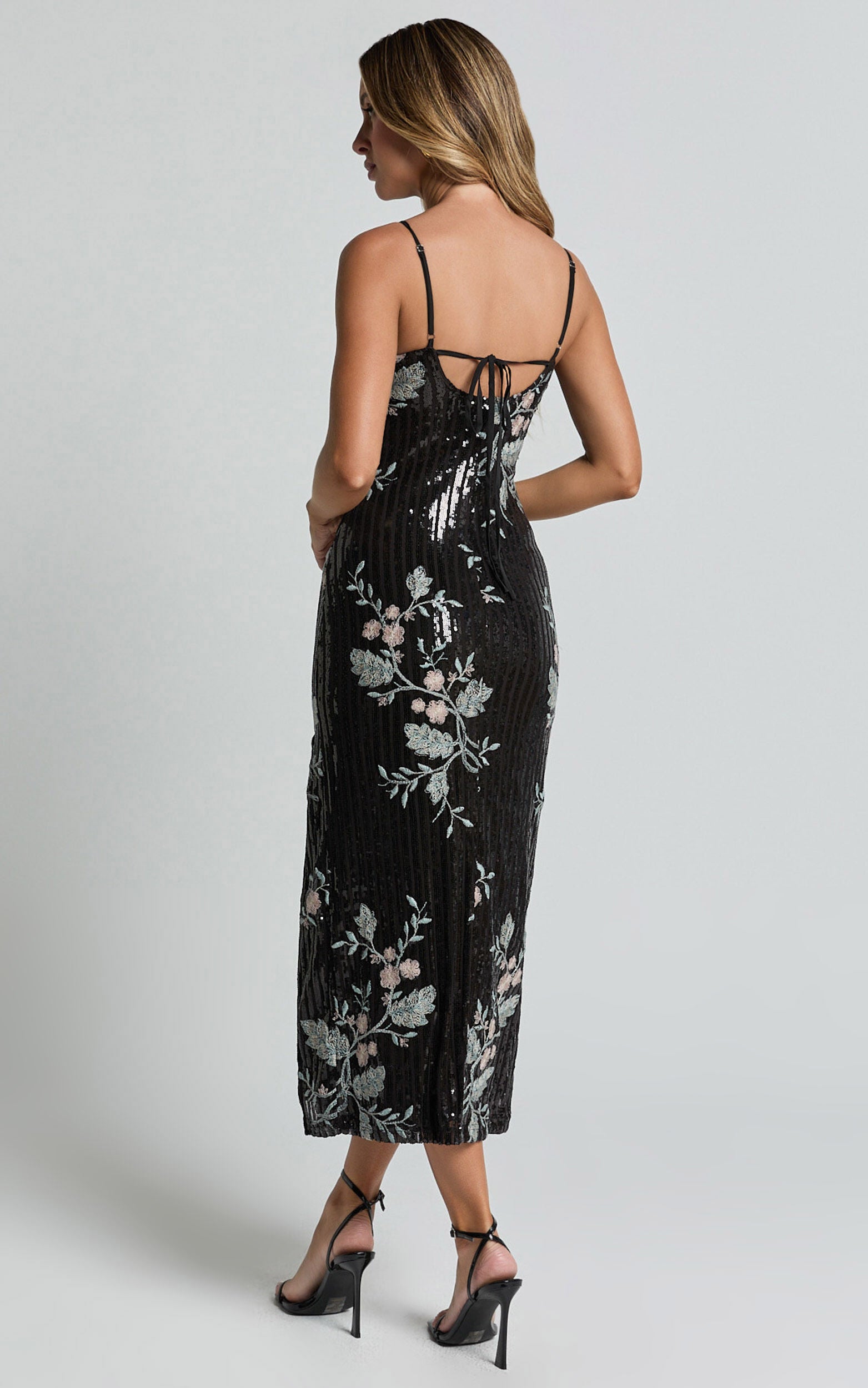 Adrienne Midi Dress - Sequin Embroidered Slip Dress in Black