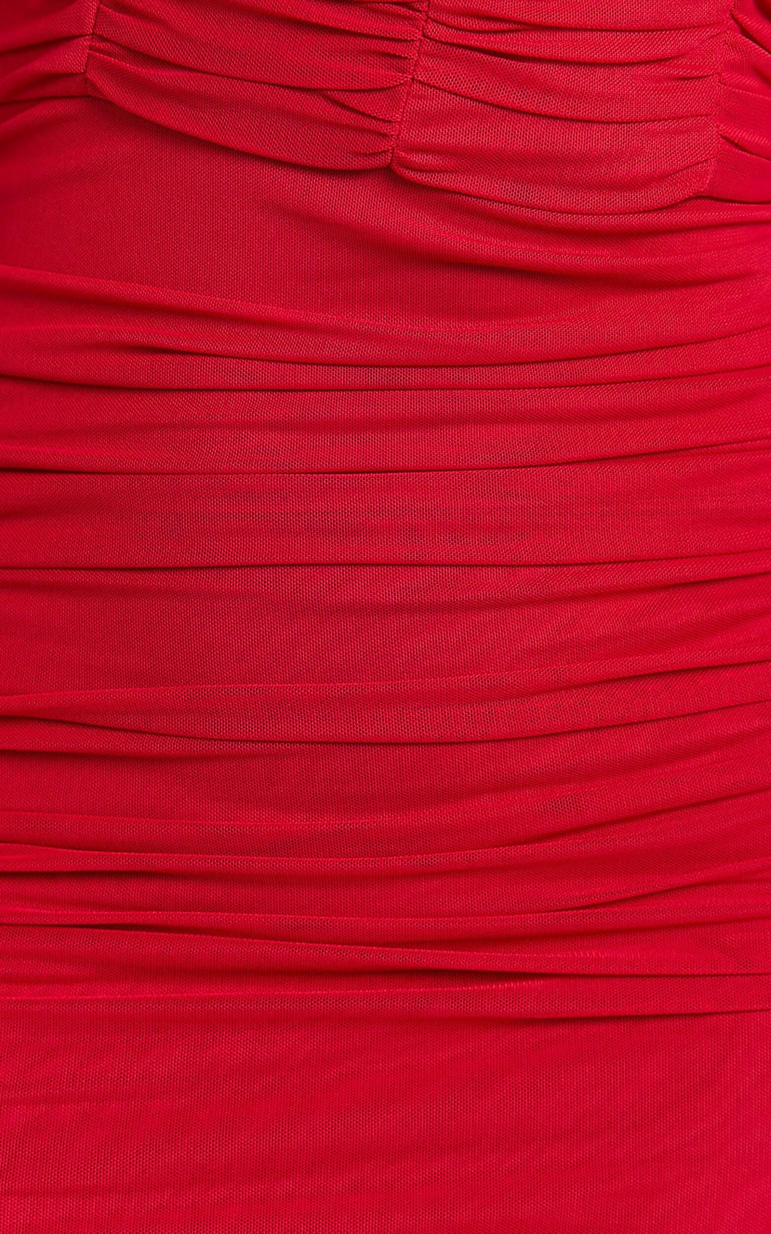 Gianni Maxi Dress - Plunge Ruched Mesh Column Dress in Red